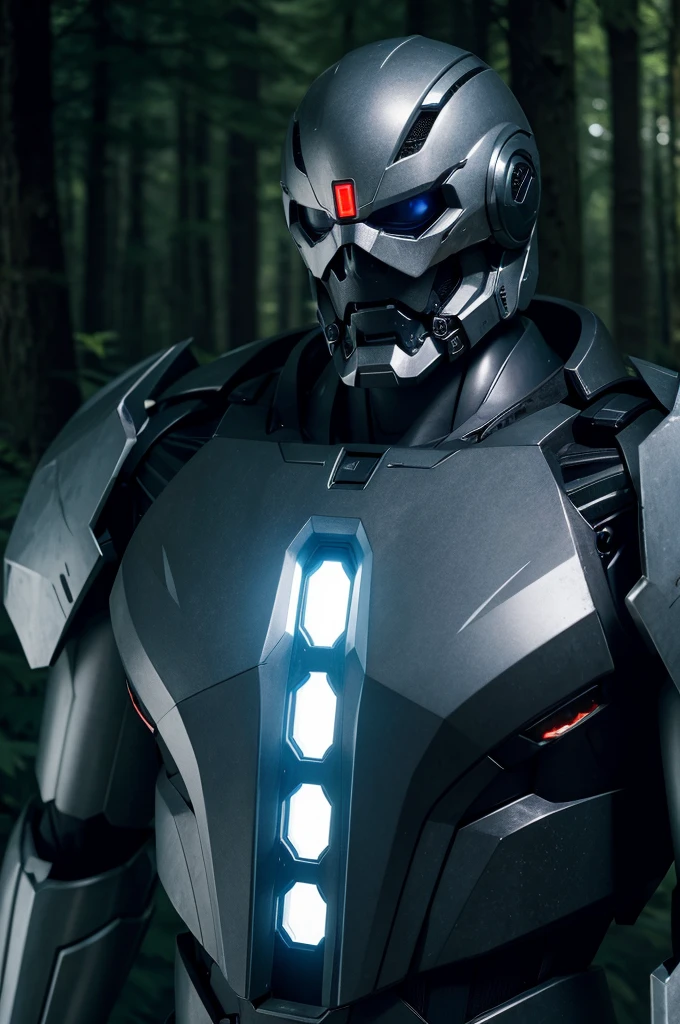 (best quality, masterpiece), machine, mech, dark body, white energy, bulky, humanoid, muscular, glowing chest, old, fancy, ominous, deadly, forest background