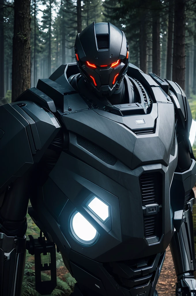 (best quality, masterpiece), machine, mech, dark body, white energy, bulky, humanoid, muscular, glowing chest, old, fancy, ominous, deadly, forest background