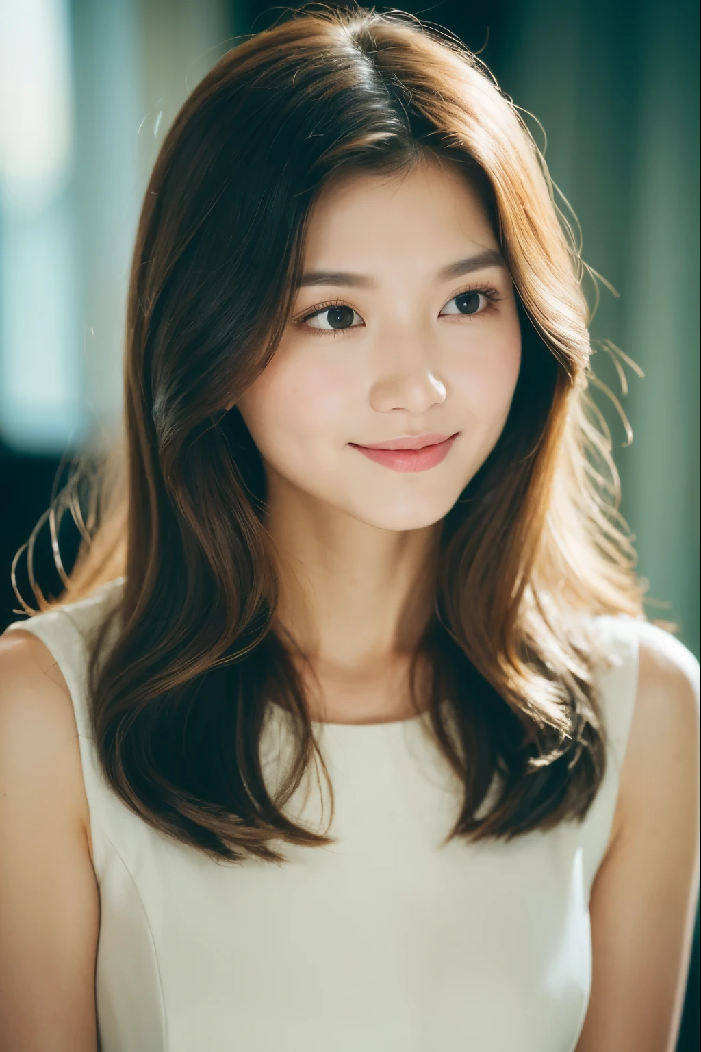 close up, ((best qualtiy, 8K, tmasterpiece:1.3)), Focus:1.2, perfect figure beautiful woman:1.4, asian woman, Cocked buttocks:1.2, ((Cut hair in layers:1.2)), (medium tits),(midi dress:1.5), Highly detailed facial and skin texture, A detailed eye, double eyelid,Whiten skin,long whitr hair,(Keep one's mouth shut:1.3), ssmile, morning in the Catholic Church, warm sunshine, analog Kodak film grain