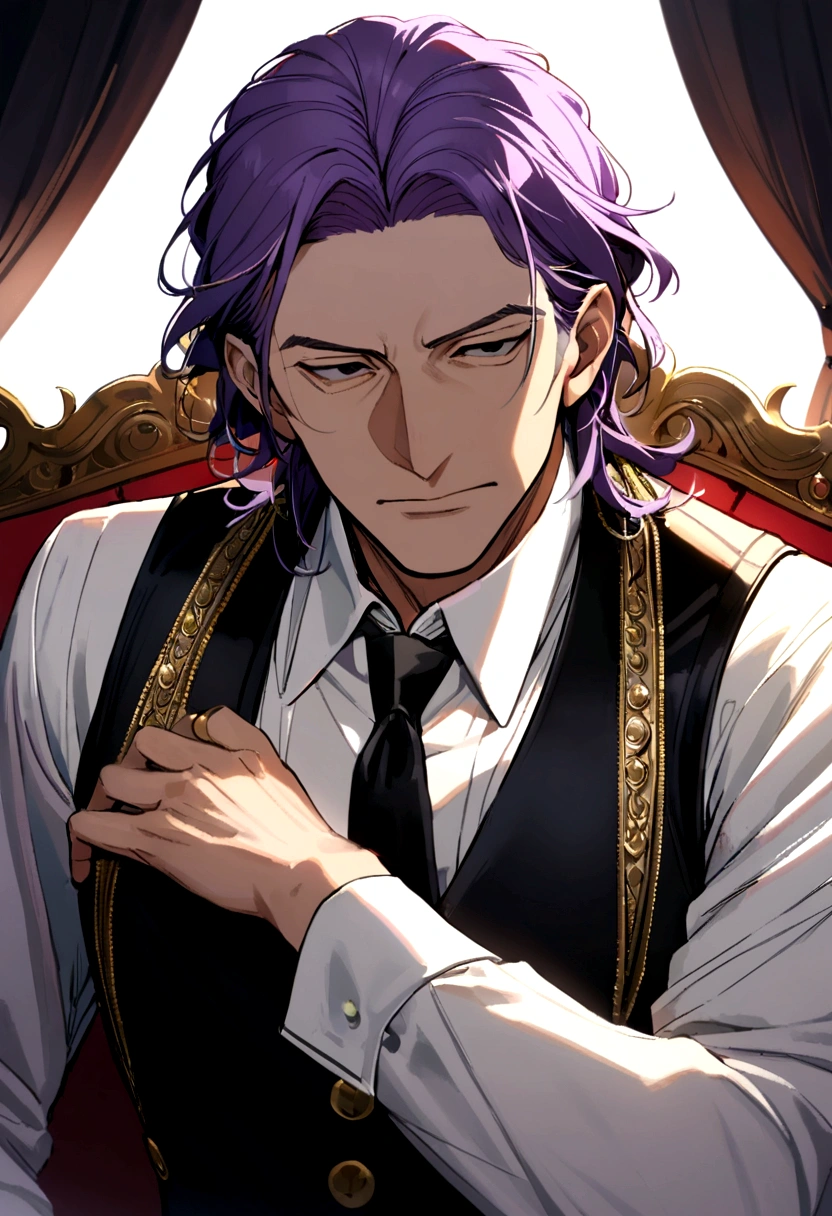 40 years old man, short purple hair parted in two, black eyes, sly face, wearing black vest, white shirt, black tie, gold buttons.