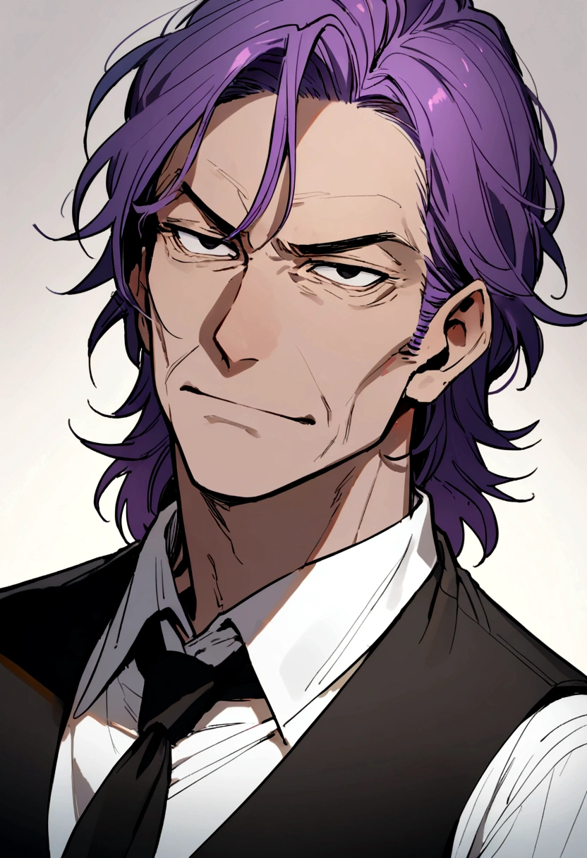 40 years old man, short purple hair parted in two, black eyes, sly face, wearing black vest, white shirt, black tie, gold buttons.