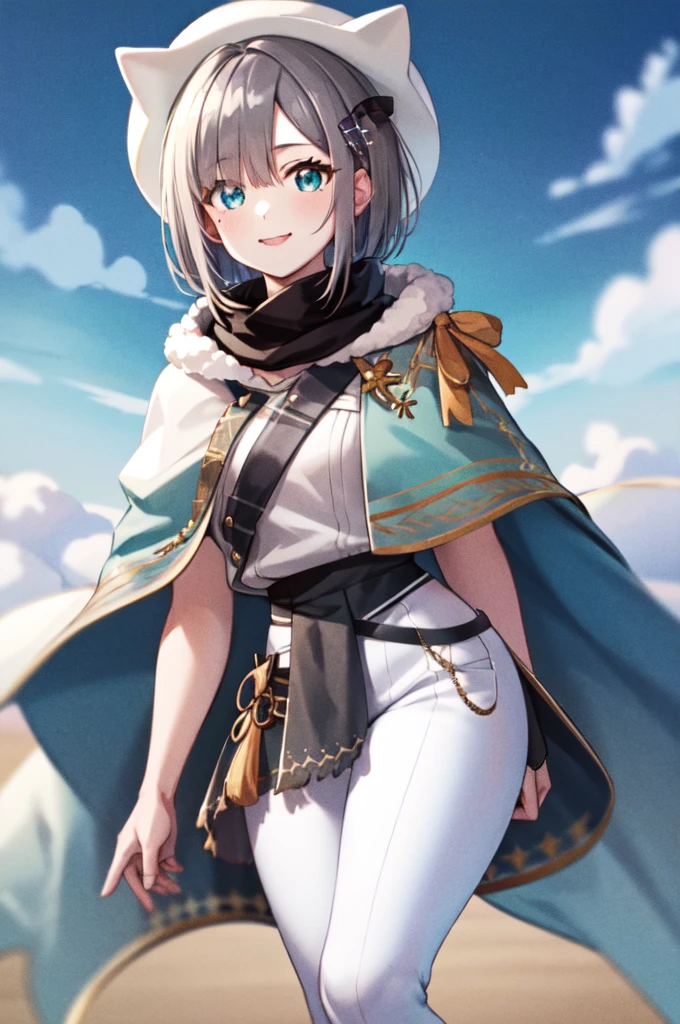(masterpiece, Highest quality:1.2), Cowboy Shot, alone, One girl, Sumire Kaga, Virtual YouTuber, smile, Mouth closed, View your viewers, short hair, hair ornaments, White Hat, shirt, Capelet, Scarf Crouching,skirt,Thighs,White pants