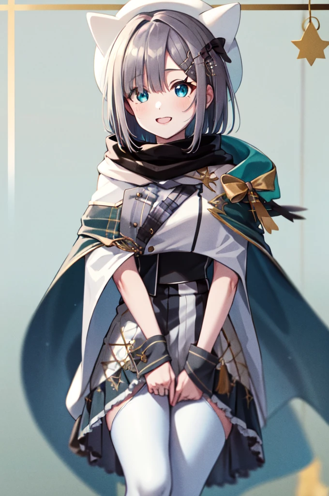 (masterpiece, Highest quality:1.2), Cowboy Shot, alone, One girl, Sumire Kaga, Virtual YouTuber, smile, Mouth closed, View your viewers, short hair, hair ornaments, White Hat, shirt, Capelet, Scarf Crouching,skirt,Thighs,White pants