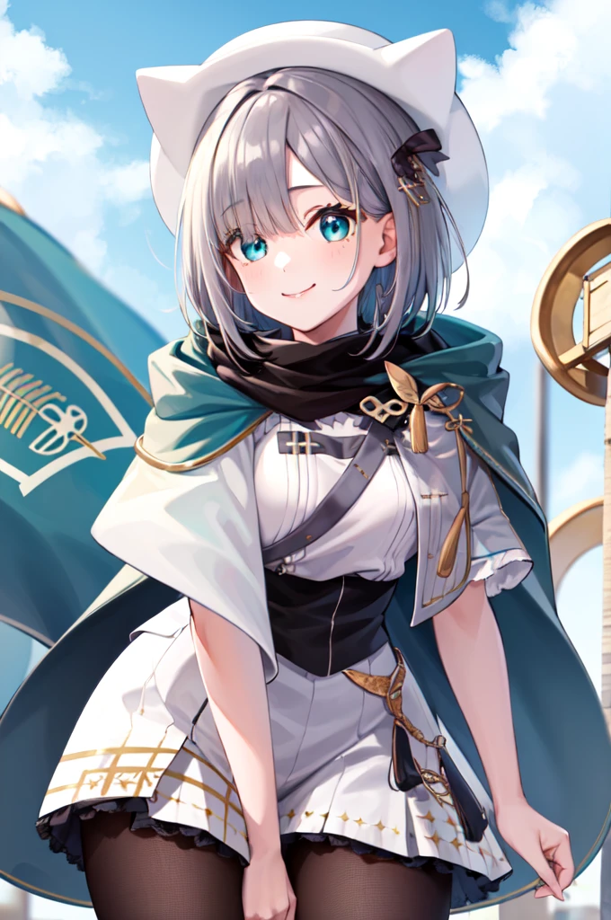(masterpiece, Highest quality:1.2), Cowboy Shot, alone, One girl, Sumire Kaga, Virtual YouTuber, smile, Mouth closed, View your viewers, short hair, hair ornaments, White Hat, shirt, Capelet, Scarf Crouching,skirt,Thighs,White pants
