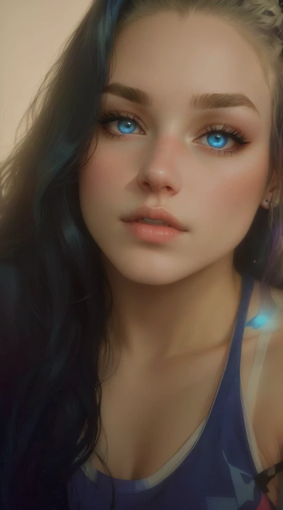 there is a woman with a piercing on her nose and a blue tank top, 18 years old, thick lips, 1 6 years old, very very low quality picture, blue symmetric eyes 24yo, piercing stare, detailed flawless face, close up face, around 1 9 years old, kaitlyn michelle siragusa, wide lips and kind blue eyes