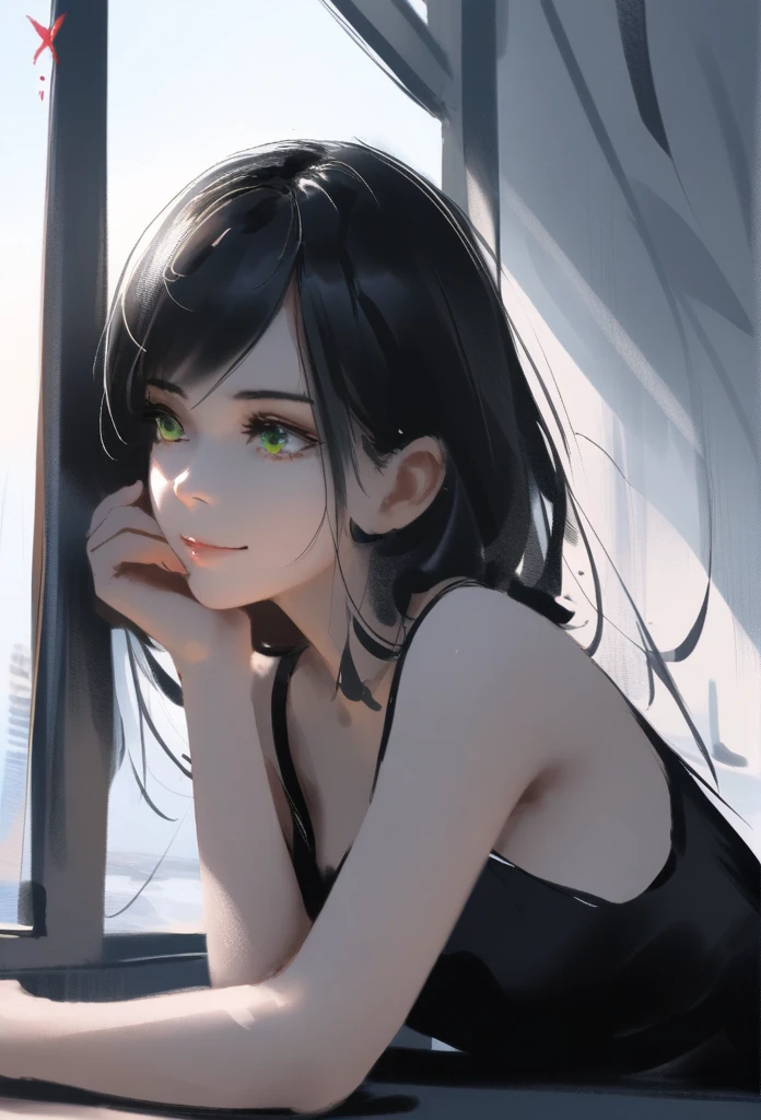1girl, solo, wlop,
Long black hair, pale skin, green eyes, black dress, subductive smile
Background; by a window drinking tea
Masterpiece, best quality 