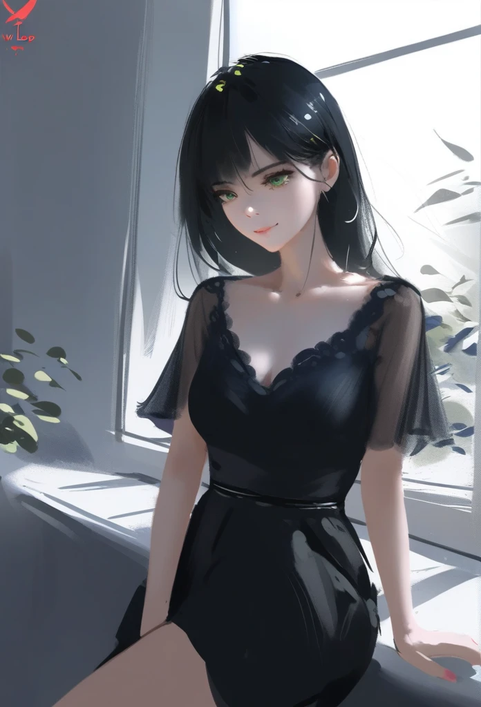 1girl, solo, wlop,
Long black hair, pale skin, green eyes, black dress, subductive smile
Background; by a window drinking tea
Masterpiece, best quality