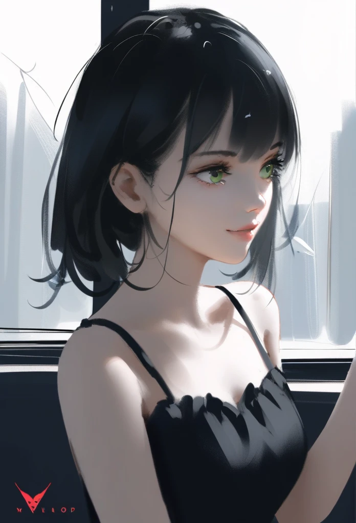 1girl, solo, wlop,
Long black hair, pale skin, green eyes, black dress, subductive smile
Background; by a window drinking tea
Masterpiece, best quality 