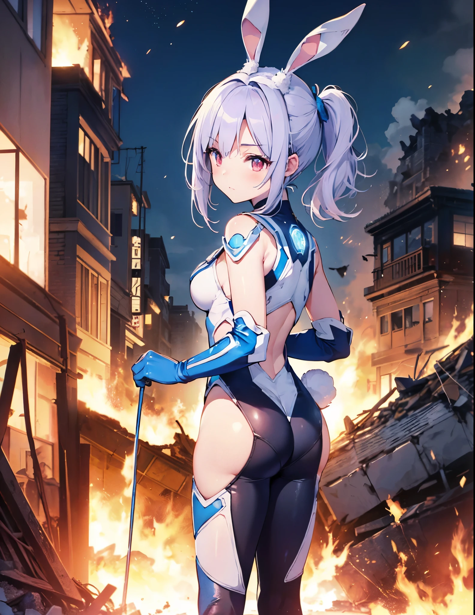(Close-up:1.3),Realistic,Highest quality, Ultra Detail, High-quality CG rendering, The most delicate and beautiful, Floating softly, High resolution, (1 giant girl), (Highest quality,4K,8K,masterpiece:1.2) ,Light purple hair,Rabbit,( ears:1.5),ponytail,Red eyes,(Ultra Girl:1.0),(All blue Ultraman :1.4),(All blue gloves:1.3),(All blue shoes:1.3), (Fighting Pose:1.2), (Are standing:1.3),(A city engulfed in flames:1.3),(Buildings in flames:1.3),(Burning Ruins:1.3),(Turn your back to your audience:1.3),,(Troubled face:1.1)