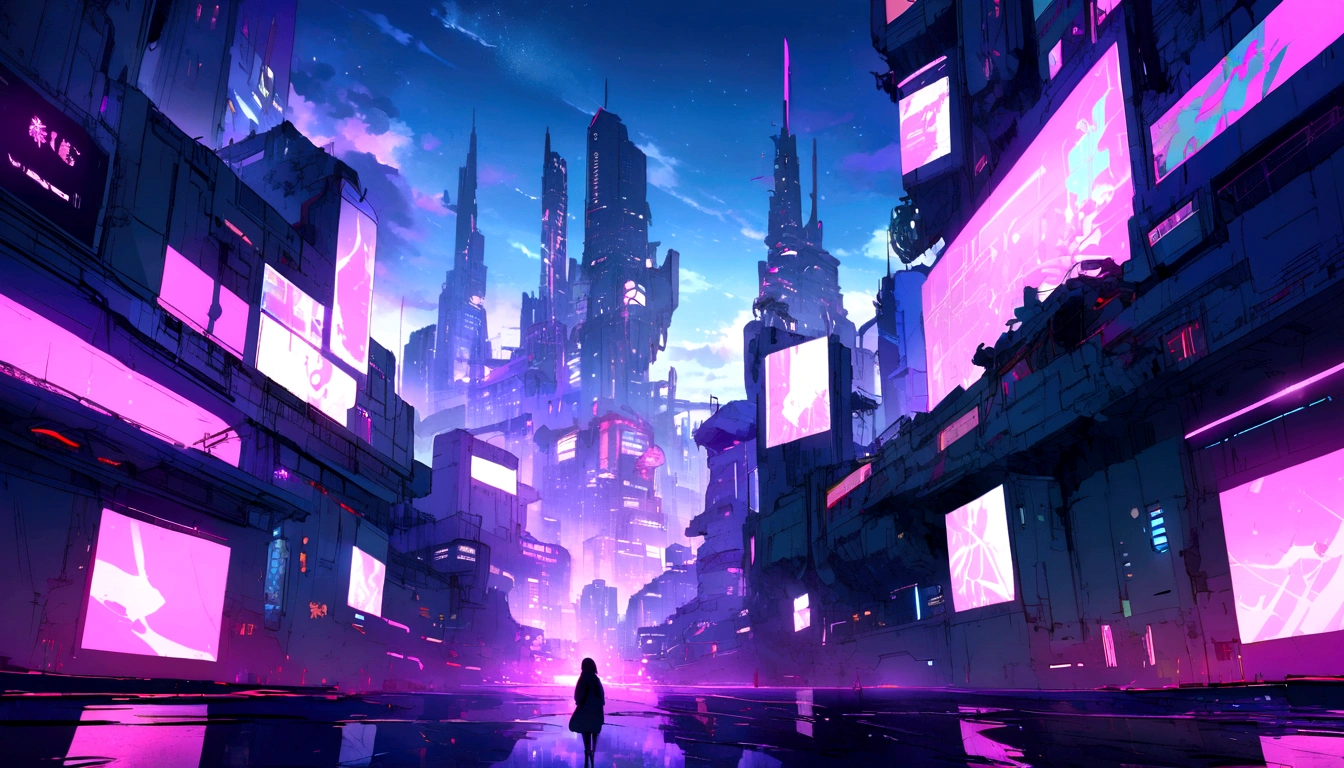 (Raw work) Cyberpunk-inspired city, Illuminated sky, Neon Light, Image seen from zero, Wide landscape, Future City