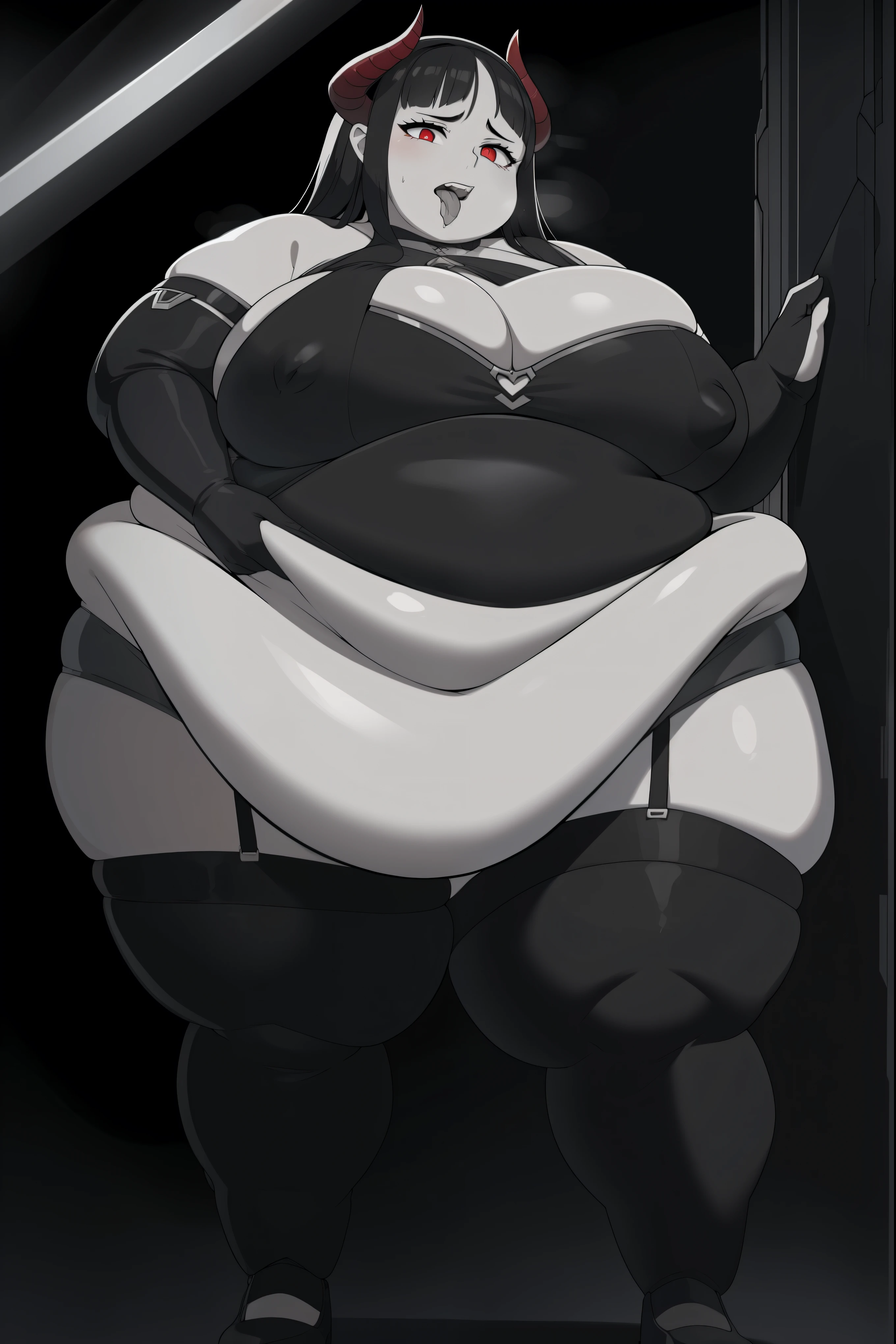 (Full body:1.1), (obese:1.1), Open mouth, parted lips, Black tongue, long snake tounge, Tongue, sticking tongue out , NSFW, exposed nipples, dark nipples, evil eyes, Black hair, dark skin, glowing red eyes, Red eyes, 1girl, solo, horns, monochrome, greyscale, giant breasts, abnormally huge breasts, humongous breasts,phalia,underwear, elbow gloves, thighhighs, huge breasts Round face, double chin, fat chin, fat cheeks, fat neck, round face, SSBBW, flabby arms, round face, double chin, fat double chin, big double chin, fat neck, chubby cheeks, fat thighs, fat calves, morbidly obese, flabby , giant , large belly, obese, fat face, belly, double chin, obesity, flabby breasts, fat arms and legs, fat everything,