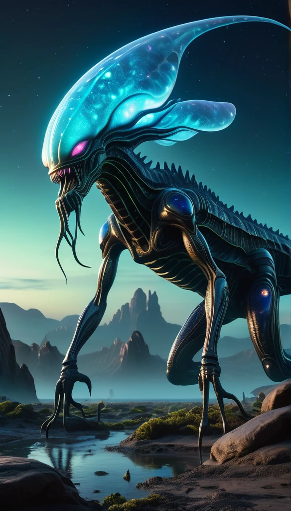 a huge cosmic mimic,sci-fi, detailed alien creature, biomechanical, alien landscape, glowing organic textures, bioluminescent, ethereal, highly detailed, cinematic lighting, dramatic, hyper realistic, 8k, masterpiece