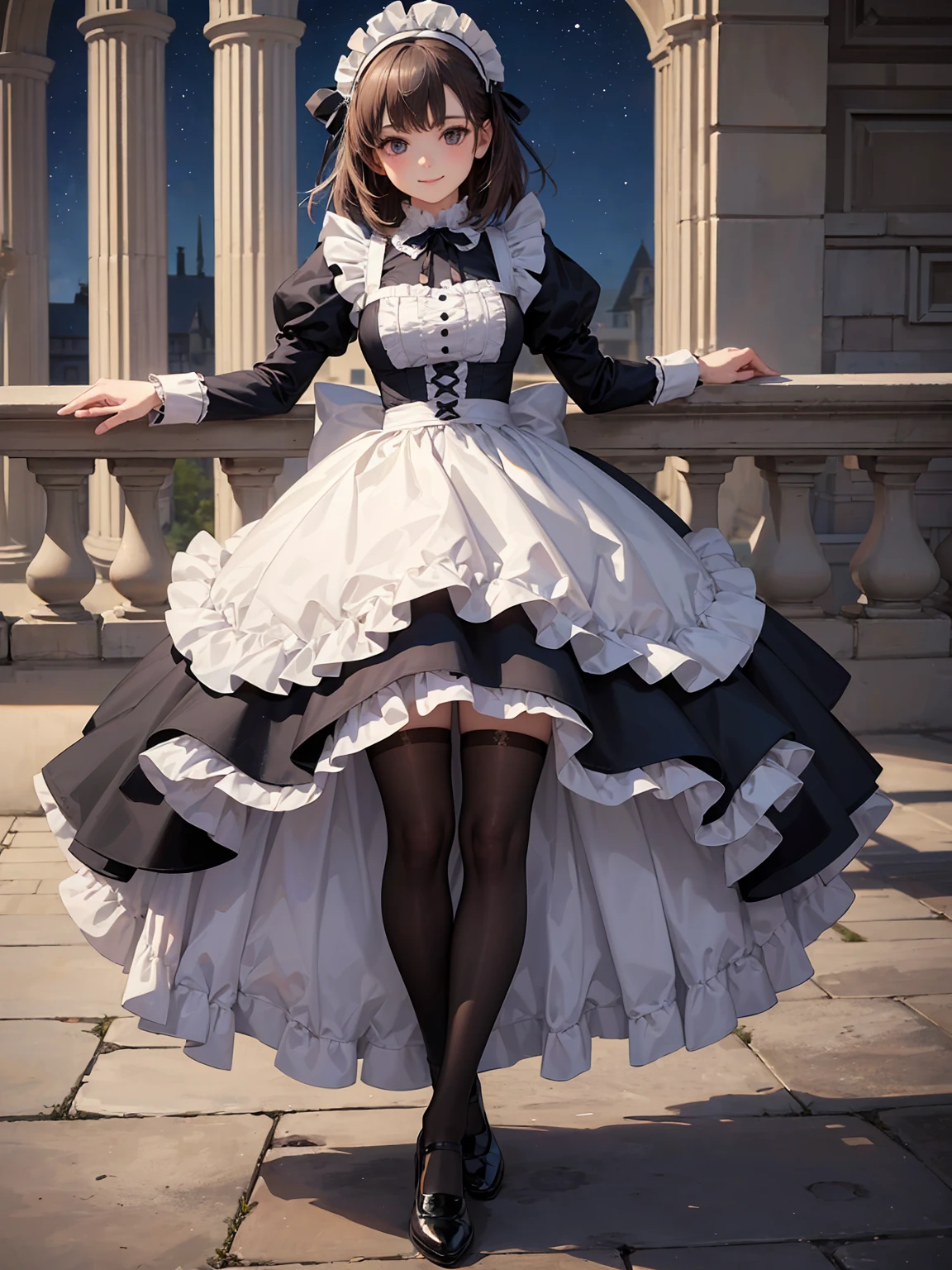 (Highest quality、16K、masterpiece、Ultra-high resolution、Victorian era、Photorealistic:1.2)、A  smiling under the stars, a ddler wearing a maid hat with ruby accessories, she is wearing a white and black gothic maid dress with navy blue ribbon. Black stockings, black shoes, cute, super cute toler maid tsundere、Heroine&#39;s Attributes、Artistic shading、Perfect Face、Detailed portrait、
