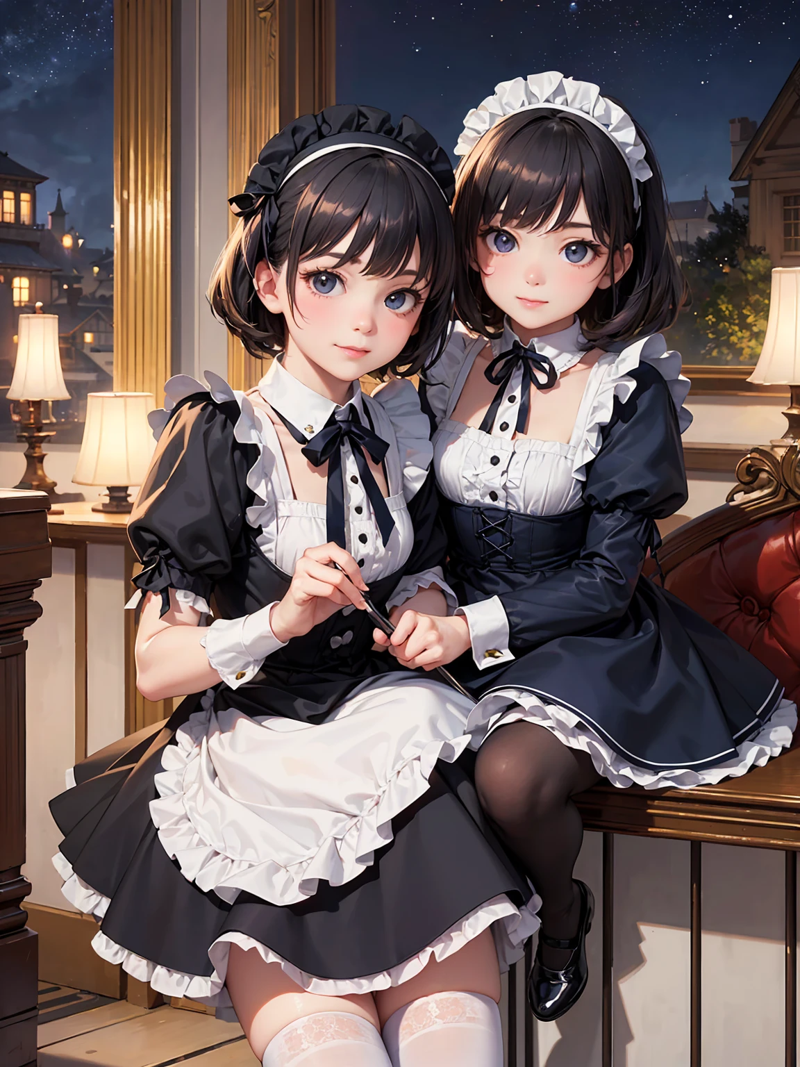 (Highest quality、16K、masterpiece、Ultra-high resolution、Victorian era、Photorealistic:1.2)、A  smiling under the stars, a toddler wearing a maid hat with ruby accessories, she is wearing a white and black gothic maid dress with navy blue ribbon. Black stockings, black shoes, cute, super cute toddler maid tsundere、Heroine&#39;s Attributes、Artistic shading、Perfect Face、Detailed portrait、
