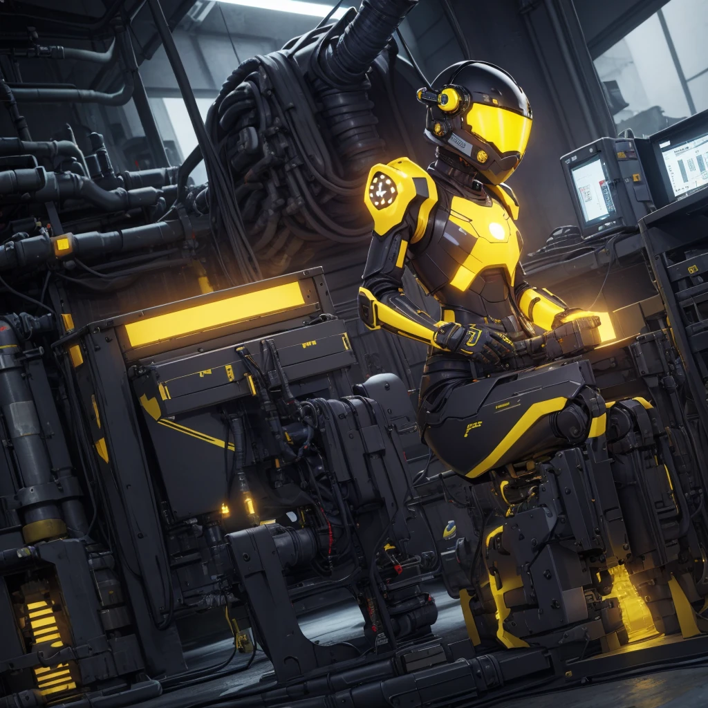 (masterpiece), (best quality), (high res) Solo, (perfect anatomy) Dronificated unknown woman , (enclosed gray full body armor) (yellow lights) (yellow glowing core in the chest), (enclosed cyber helmet), (yellow screen), huge breast, narrow waist, wide hips and thick thighs, (no face) no face, no hair, no mouth, no eyes, in a factory line, connected to a machine, (Being held) and (fucked by a machine), (sex) (fuck)