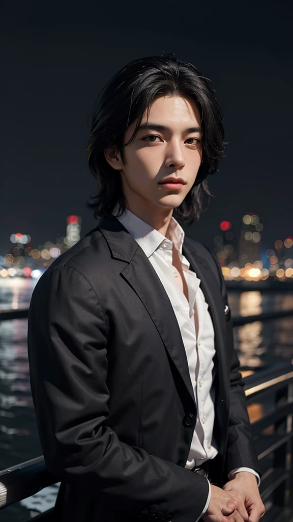Highest quality, masterpiece, Ultra-high resolution, (Realistic:1.4), RAW Photos, Young and handsome men, Black Hair, (Night city background:1.2)