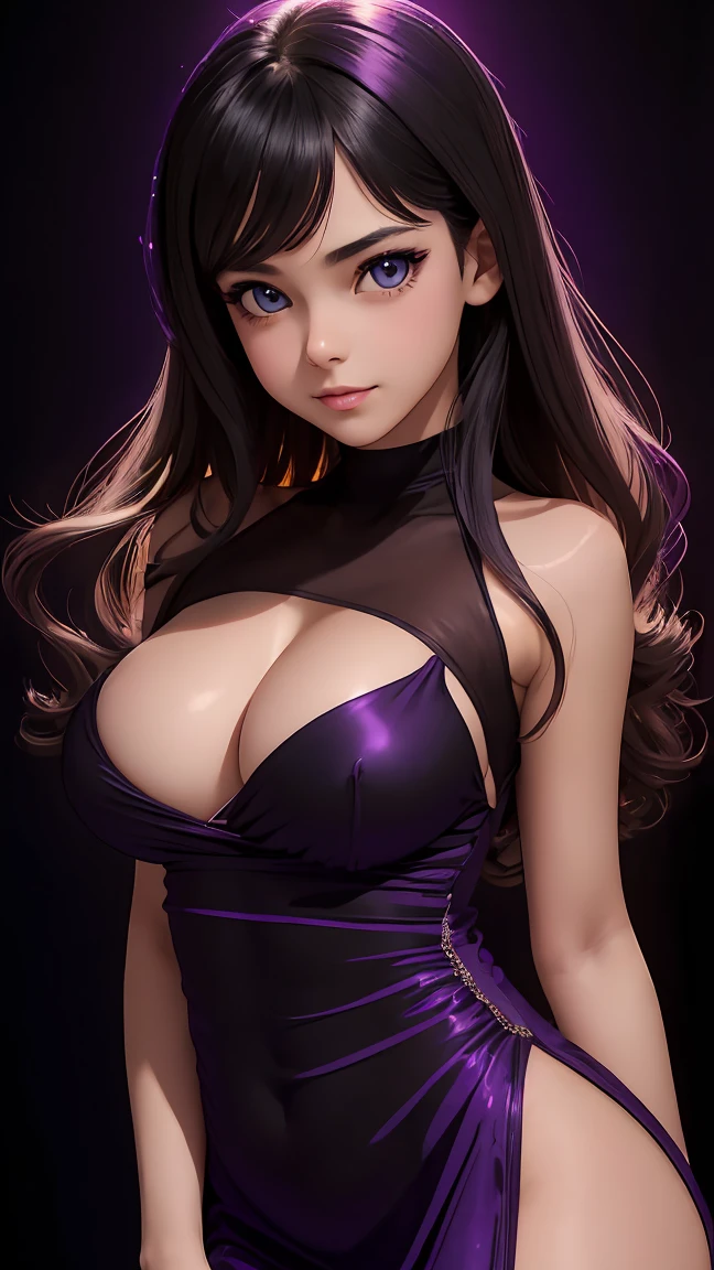 vector image, vibrant colours, smooth gradation, best quality, masterpiece, absurdres, ((isolated)), (((pitch black background))), (detailed face and eyes:1.2), smirking, detailed beautiful eyes, eyelashes, glossy full lips, sensual, volumetric lights, medium shot, ((half body shot)), bursting out breasts, busty, full cleavage, curvaceous, (((11yo))), thin tight satin dress, (((purple tinted lighting))), (((nude top, semi nude))), tanned skin