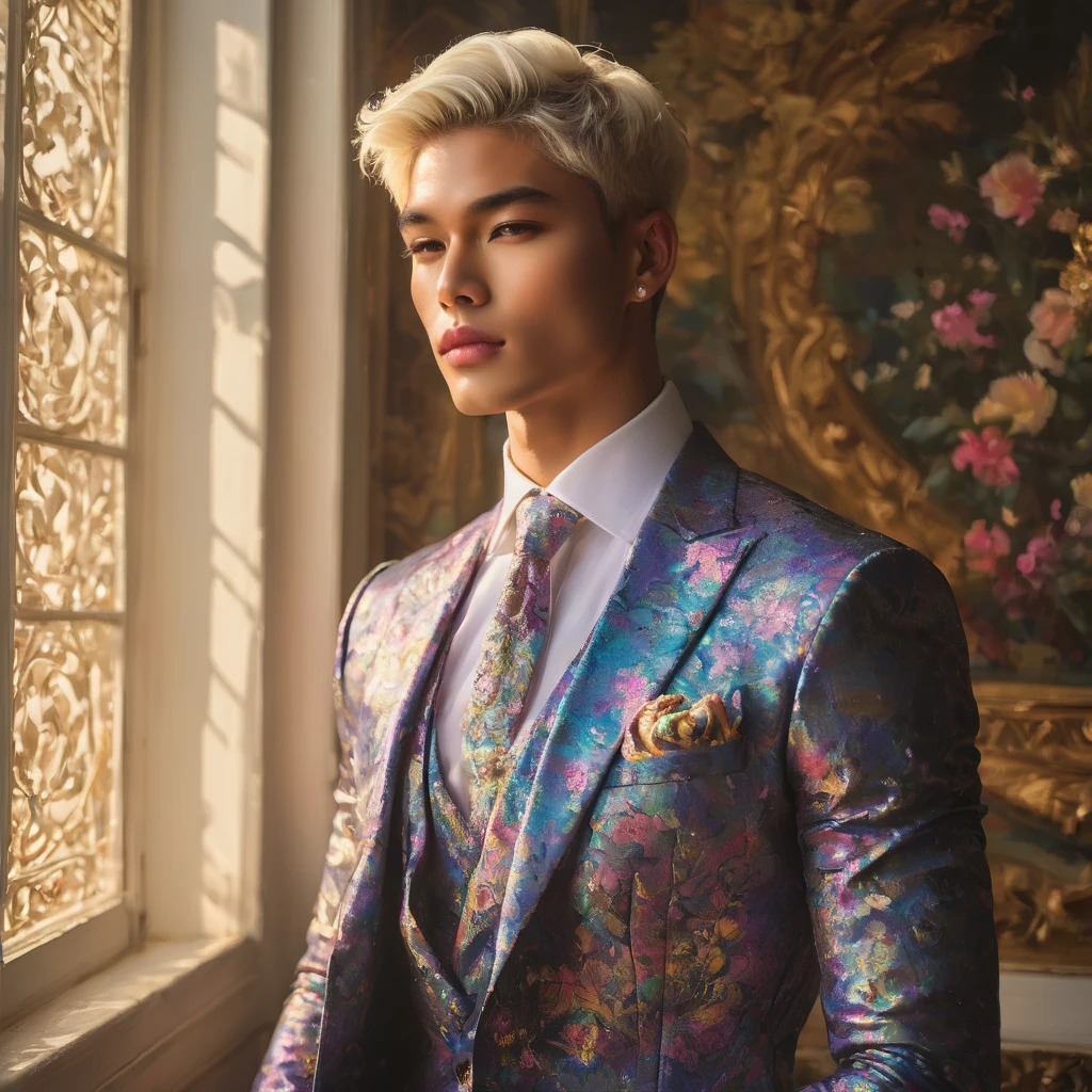 Candid Vogue fashion editorial shot of mixed of Thai male supermodel, 25 year old, short platinum hair with rainbow highlight color, masculine appearance with slender physique, symmetric face, natural olive skin tone, exudes youthfulness and athleticism, he is very photogenic, Position against an ornate dark background featuring a framed floral painting wallpaper to add depth and richness to the scene, (He wears a luxurious white and rainbow patterned suit whit short pants), semi hard bulge, expression is serene and slightly introspective, with a soft confident gaze directed slightly off-camera, Utilize natural soft lighting streaming in from a window, casting gentle highlights and shadows that accentuate the contours of his face and the texture of his outfits, The light creates a warm intimate atmosphere with a golden tone that enhances his skin, The interplay of light and shadow adds depth and dimension to the scene, slightly blurred focus background, bringing into sharp clear detail while the rich tones of the background enhance the overall opulence of the image. Capture full-body short, dynamic angle, using a Canon EOS R7 and Sigma AF 85mm F1.4 EX DG HSM lens by Thomas Synnamon, Employ a shallow depth of field to focus on his face and body, Draw inspiration from high-fashion photographer, emphasize detail, texture and a sophisticated luxurious atmosphere, Emphasize the golden warm lighting and its effect on enhancing his features and the rich textures, creating a visually captivating and elegant portrait that exudes warmth and sophistication, The overall mood blend the classical elegance of the modern, high-fashion aesthetic, producing an image that feels both timeless and contemporary, raw photo, masterpiece, best quality, Correct body structure, Correct photo distance, LGBTQ,