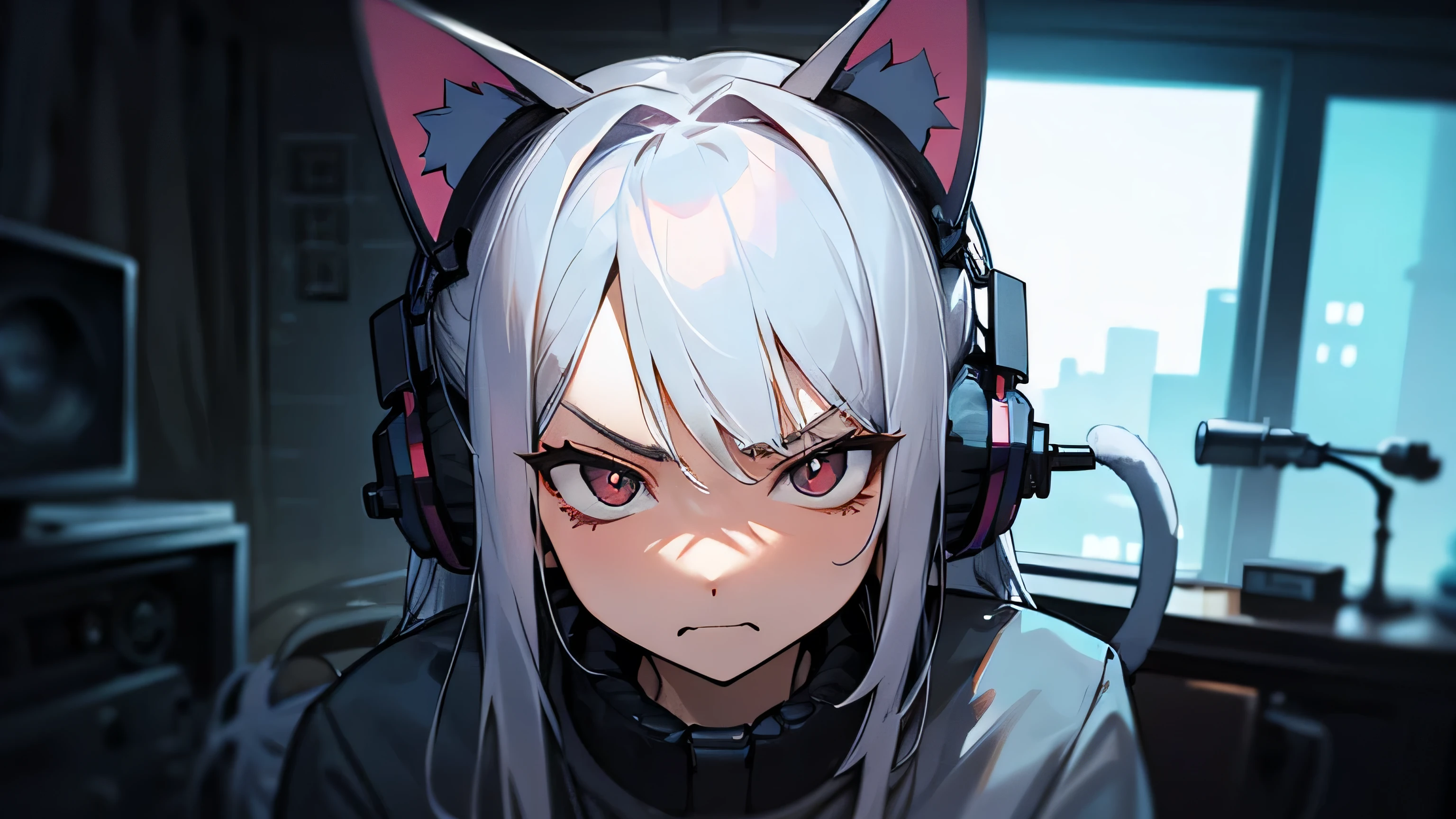Room with speakers、Cat with headphones、Face close-up、night、Silver Hair、angry、Sitting in a chair