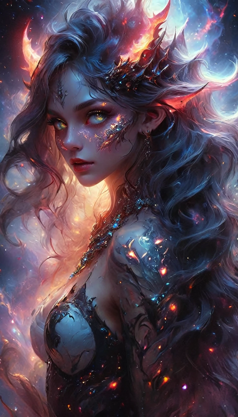 (Best Quality, 4K, High Resolution, Masterpiece: 1.2), Realistic, Portrait, Detailed Facial Expressions, Terrifying Demon with 10 Beautiful Girls' Faces on her Body, Otherworldly, Unique and unforgotten thing, each girl's face sings: devilish features, pale skin with an ethereal glow, sharp fangs, piercing eyes with bright colors, silvery-white flowing hair, fierce expressions, and long, slender necks. The girl's face is uniquely decorated with intricate tattoos, her elongated limbs, and adorned with delicate jewels. Stylized devil's horns, nebula-filled space background, casting subtle shadows on the devil's skin, contrast of darkness and light, translucent wings, spread gracefully behind the devil, both beautiful and Creates an atmosphere. threat. A lewd smile that invites the viewer to have sex, Shark-like teeth peek out from between the lips, the most beautifuk face in the universe