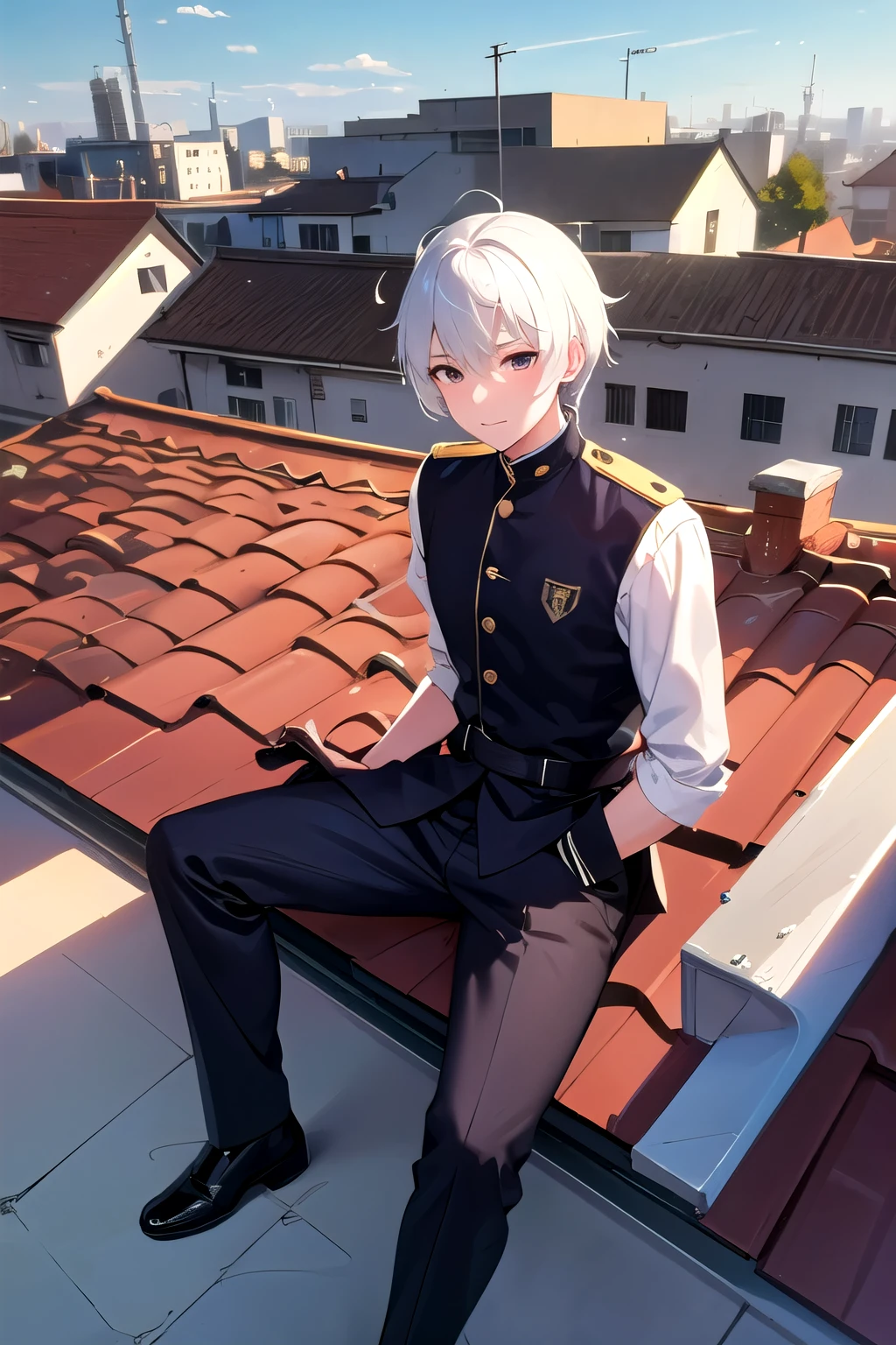 a guy with white hair on the school roof top, siting in a male uniform
