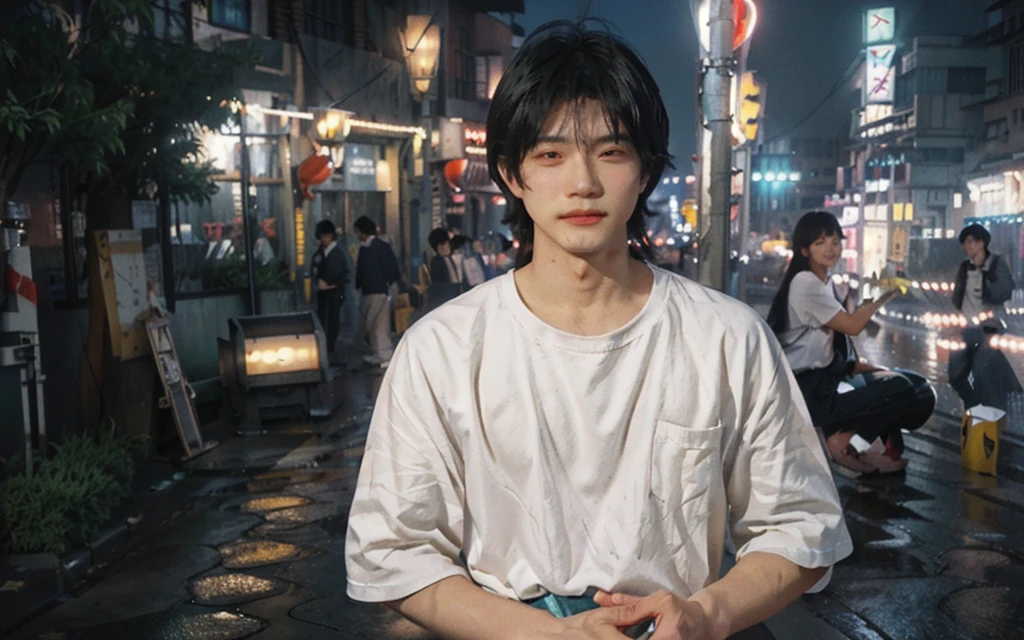 In the midst of a city at night, a young Chinese boy stands on a cobblestone street, illuminated by the soft glow of streetlights and neon signs. The sky above is a deep blue, dotted with twinkling stars, casting a serene and magical atmosphere over the scene.
His hair is straight and natural, with bangs softly brushed by a gentle breeze. His face is youthful and clean-shaven, exuding an innocent charm. He wears a simple white T-shirt that clings to his muscular frame, highlighting his well-defined pecs and strong muscles. He is dressed in shorts, which show off his athletic legs. His hands rest casually at his sides, conveying a relaxed and confident demeanor.
Behind him, the lively street is lined with shops and colorful neon lights that reflect on the wet pavement, adding a vibrant and dynamic feel to the night. People hustle and bustle, but he seems detached from the commotion. His gaze is soft and contemplative, fixed on the distant horizon, as if lost in thought. A faint smile plays on his lips, though his eyes reveal a hint of sadness and nostalgia.
The camera zooms in on his slightly parted lips, as if ready for a tender kiss. His tongue subtly traces his lips, showing a longing expression. The air is filled with a sweet aroma, making each breath taste of romance. His lips glisten slightly in the streetlight, appearing particularly inviting.