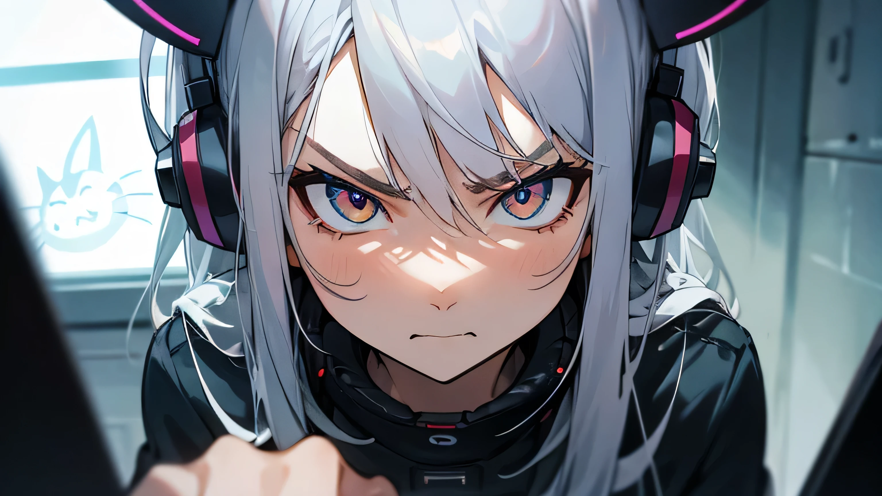 Room with speakers、Cat with headphones、Face close-up、night、Silver Hair、angry、Sitting in a chair