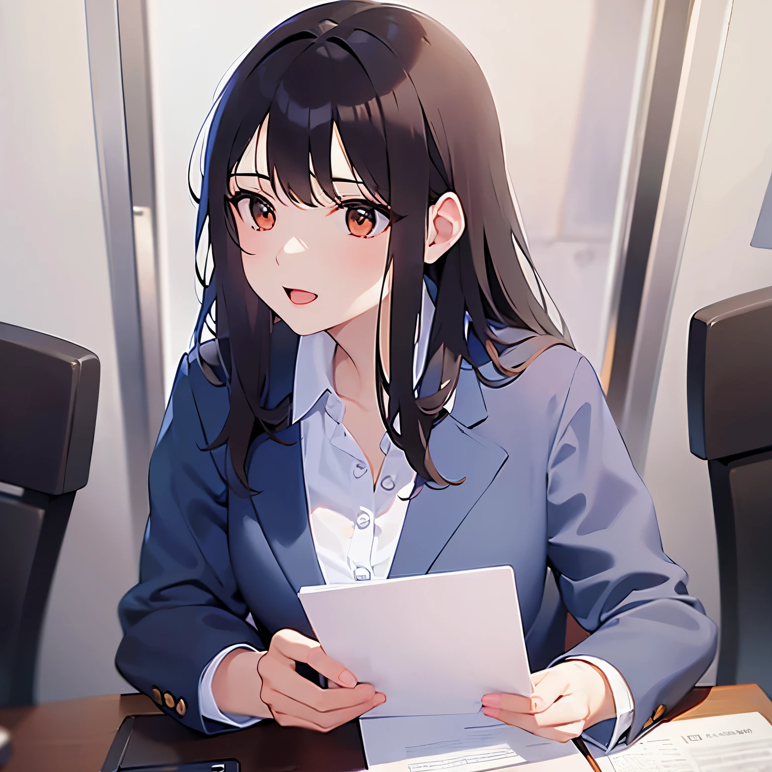 holding a document, Biologically correct five fingers、(looking away:1.5), side angle, Upper Body, Realistic, real person, (pale skin: 1.2), RAW photo, photorealistic, shiny skin, shiny hair、(A 25-year-old woman with medium-length hair and bangs) and (wavy hair) and (brown hair) and (Orange Eyes) , (business suit:1.5) and (white collared shirt) 、smile, open mouth, Background is an office room、Alone、Sitting