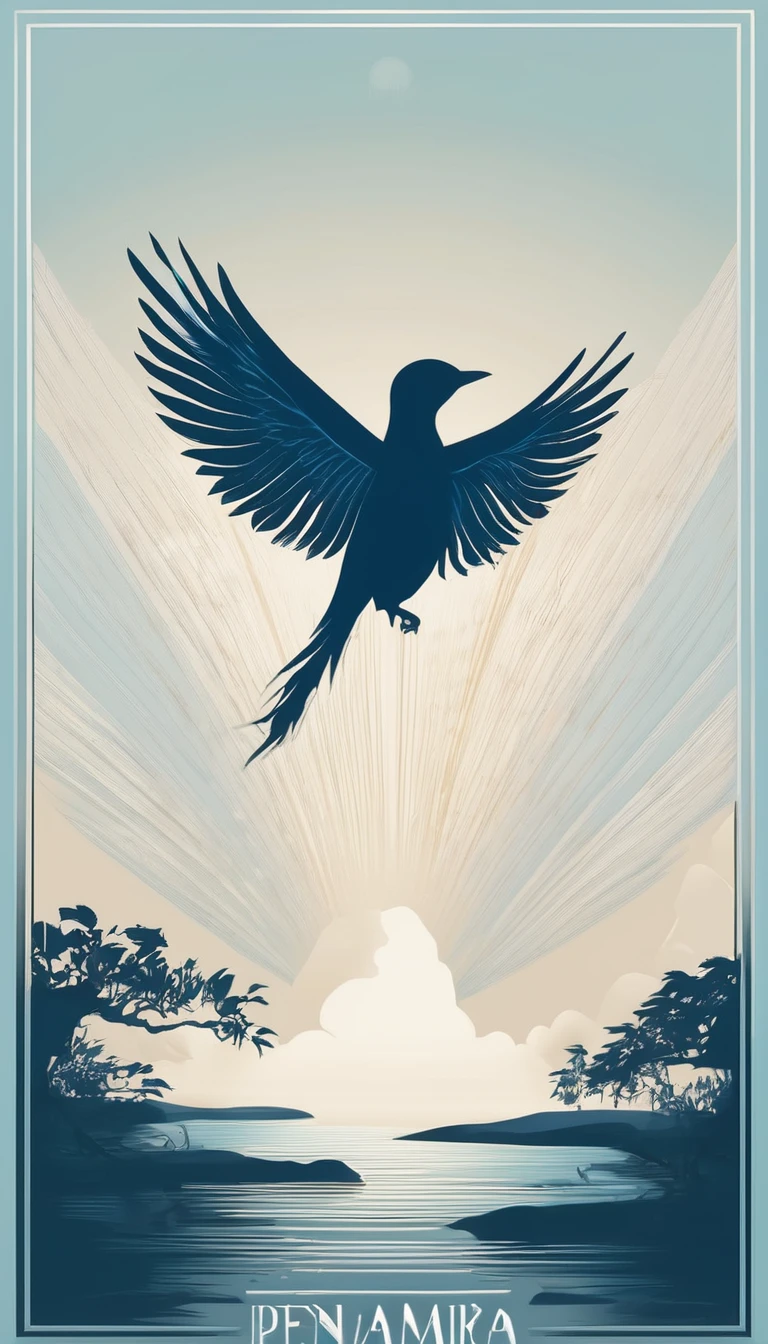 A minimal, modern, simple, cinematic logo design for the brand “Penamemoria". The logo design must be a simple, silhouette of a boy, standing up, playing acoustic guitar and fantasy feather by his side. The logo must convey a sense of music, stories, memories and dreams. Logo design impressed on a book cover. Minimalistic logo. Light blue, soft white and light golden as colors for the logo design 