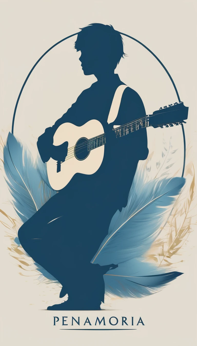 A minimal, modern, simple, cinematic logo design for the brand “Penamemoria". The logo design must be a simple, silhouette of a boy, standing up, playing acoustic guitar and fantasy feather by his side. The logo must convey a sense of music, stories, memories and dreams. Logo design impressed on a book cover. Minimalistic logo. Light blue, soft white and light golden as colors for the logo design 