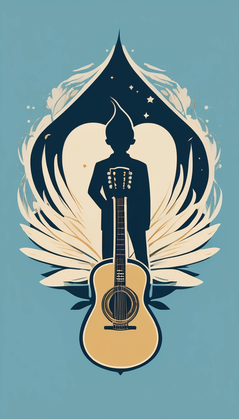 A minimal, modern, simple, cinematic logo design for the brand “Penamemoria". The logo design must be a simple, silhouette of a boy, standing up, playing acoustic guitar and fantasy feather by his side. The logo must convey a sense of music, stories, memories and dreams. Logo design impressed on a book cover. Minimalistic logo. Light blue, soft white and light golden as colors for the logo design