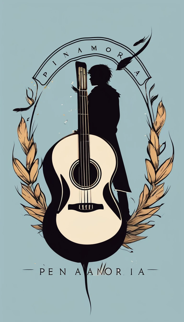 A minimal, modern, simple, cinematic logo design for the brand “Penamemoria". The logo design must be a simple, silhouette of a boy, standing up, playing acoustic guitar and fantasy feather by his side. The logo must convey a sense of music, stories, memories and dreams. Logo design impressed on a book cover. Minimalistic logo. Light blue, soft white and light golden as colors for the logo design 