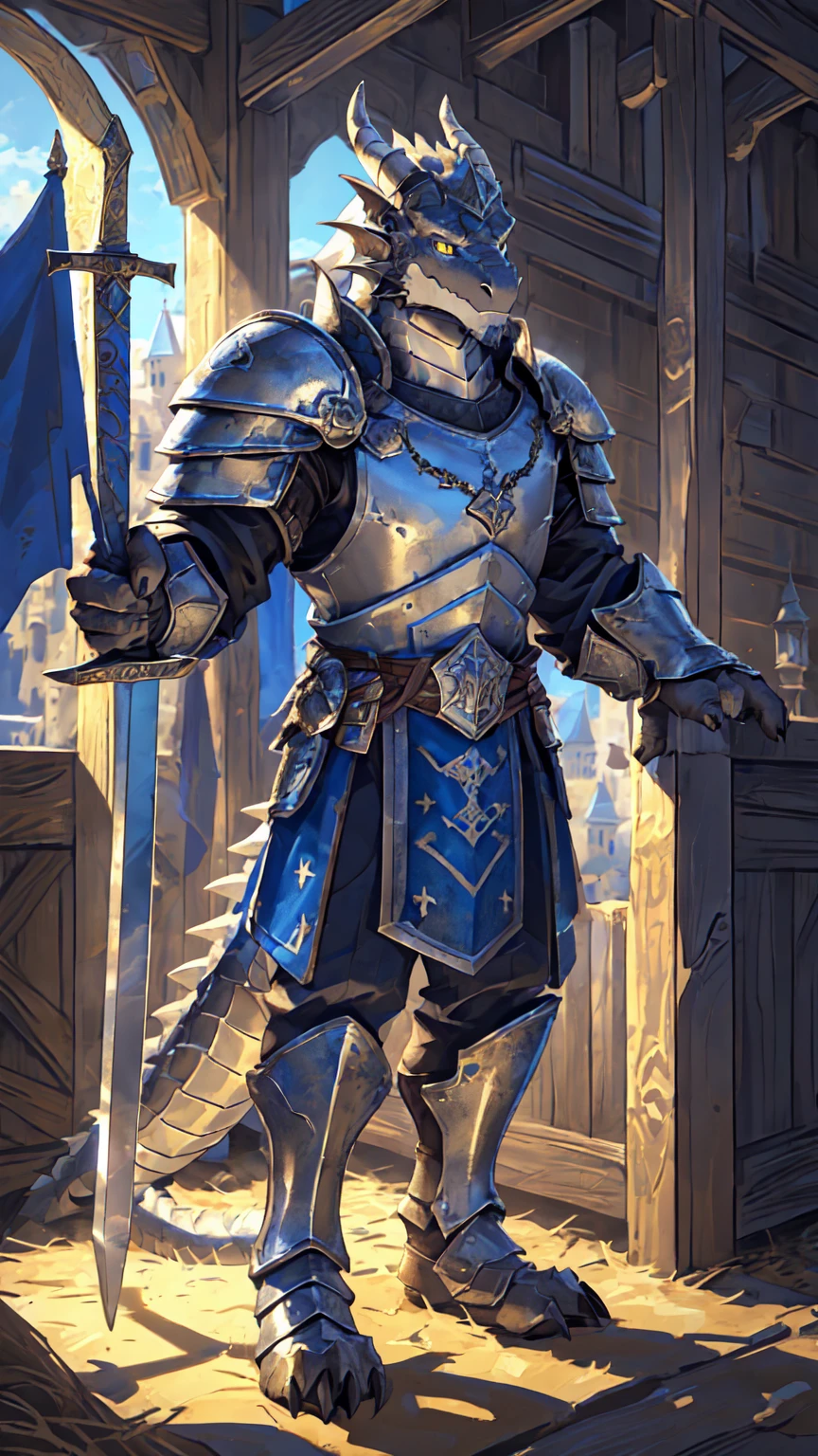 ((middle Ages:1.6，Castle Background:1.4))，((Cruz:1.6))，Sunlight，high resolution，4K，gay，(((whole body:1.1，sideways:1.3)))，masterpiece，high quality，Calm and composed，((dragon))，male，dragonFurry，(teenager:1.3)，hairy，((stable，Handsome face:1.4))，((peaceful))，((Holding a long sword:1.3))，(((Strong:1.4，Long legs:1.3，Thick dragon tail:1.2)))，(((Gray heads:1.2，Golden pupils:1.2，White Neck:1.3，Gray back of hands:1.4，White Skin:1.3)))，(((White Armor:1.3，There is a blue flag on the armor:1.4)))，Mature face，Exquisite eyes，Detailed body，Detailed hands，Detailed feet，Kenket&#39;s Art，Strike a pose:1.3