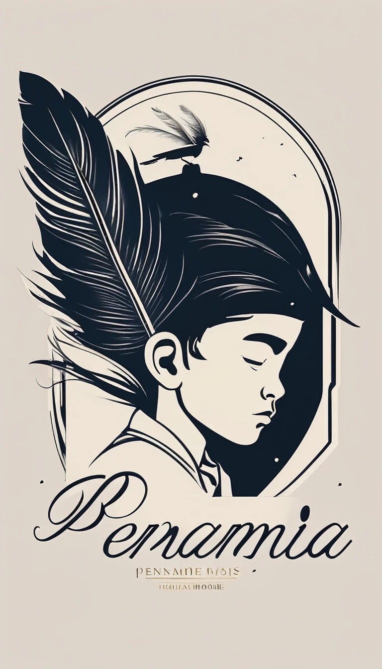 A minimalist, fantastic, poetic, dreamy, captivating, memorable, masterpiece, modern, simple logo design of a boy and a feather for the brand “Penamemoria". The logo must convey a sense of music, stories and dreams. Minimalistic logo design of a boy and a feather.