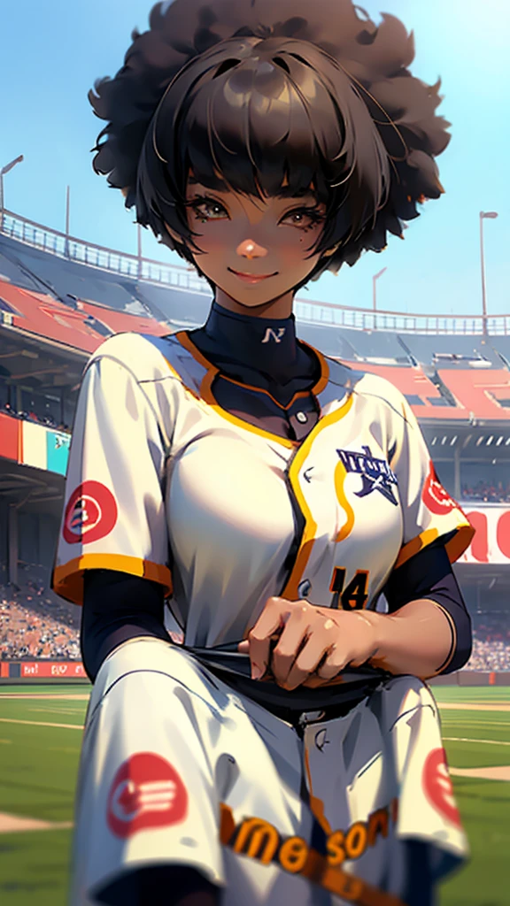 Baseball uniform、Large Breasts、smile、Subjective、Upper Body、Afro-American、Girl、Tan Skin、Black Hair、Short Bob Cut、Stadium。