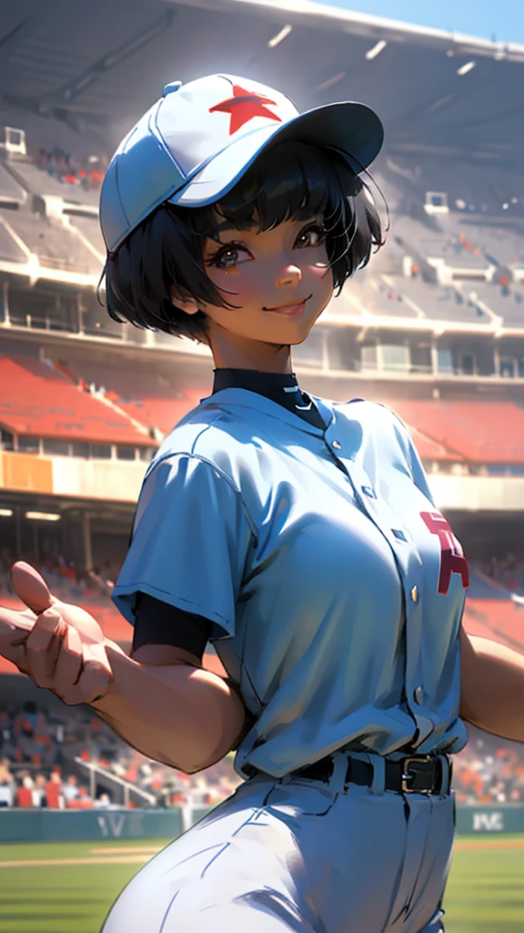 Baseball uniform、Large 、smile、Subjective、Upper Body、Afro-American、Girl、Tan Skin、Black Hair、Short Bob Cut、Stadium。