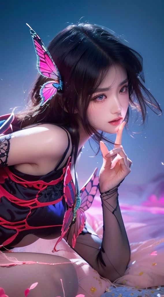 a close up portrait of a beautiful girl, a butterfly resting on her head, detailed facial features, expressive eyes, full lips, long eyelashes, delicate skin, ornate headdress, intricate butterfly wings, soft lighting, cinematic composition, vibrant colors, highly detailed, photorealistic