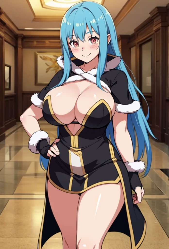 Bigbreast,long hair,blue hair,thicc tigh,smile,look at viewer,blush,indoor,wizard attire,cleaveage