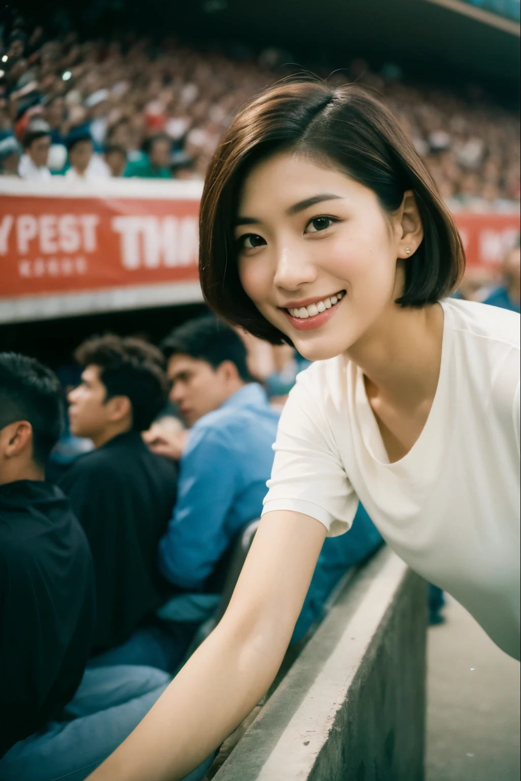 full body photo ((best qualtiy, 8K, tmasterpiece:1.3)), Focus:1.2, perfect figure beautiful woman:1.4, asian woman, Cocked buttocks:1.2, ((Cut hair in layers:1.2)), (medium tits), wearing white jersey and cap, Highly detailed facial and skin texture, A detailed eye, double eyelid,Whiten skin,medium short hair, big ssmile, watching the match in a crowded stadium, analog Kodak film grain
