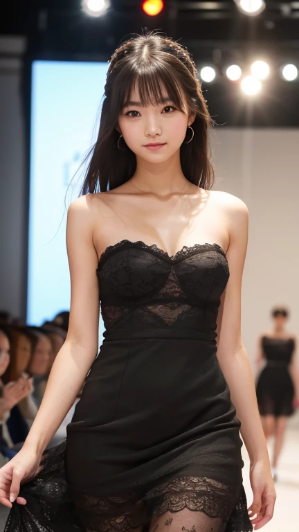 Girl walking down the runway at a fashion show, thigh, dress, breast, (High resolution:1.3), (16K, Realistic, RAW Photos, Best image quality: 1.4), Japanese, (One Girl), Beautiful Face, (A vivid face), Realistic eyes, Beautiful and detailed, (Realistic Skin), Beautiful skins, charm, 超High resolution, Surreal, High detail, Golden Ratio, Highly detailed cute girl,(20-year-old)