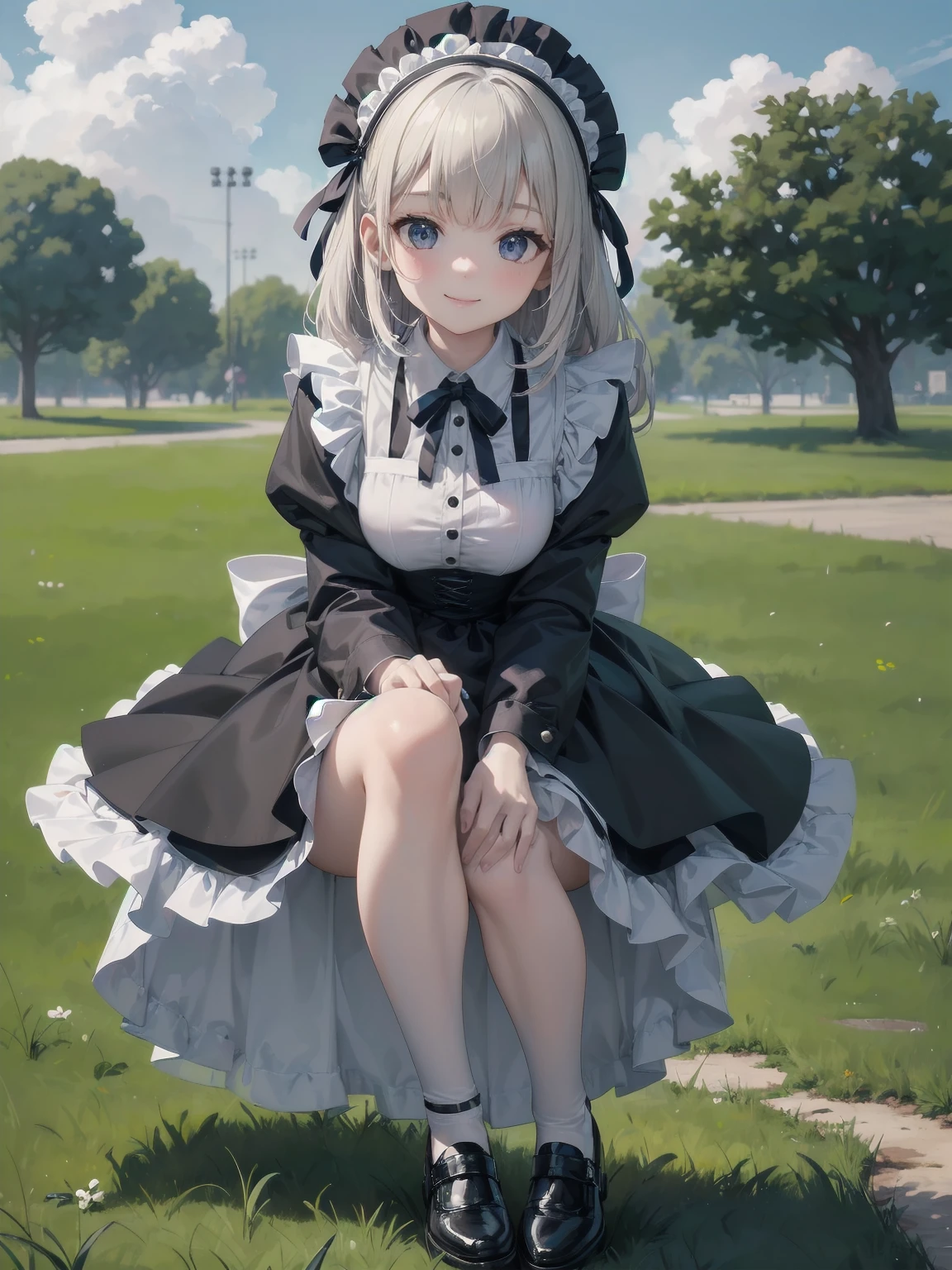 ((Very fine, Very fine CG Unity 8k Wallpaper, High Resolution, Absurd, Beautiful fine details, Very fine hair)), ((Masterpiece)), Outdoors, Sky, Clouds, Grass, ((Beautiful fine details)), Fashionable, One Girl, A  smiling under the stars, a toddler wearing a maid hat with ruby accessories, she is wearing a white and black gothic maid dress with navy blue ribbon. Black stockings, black shoes, cute, super cute toddler maid
