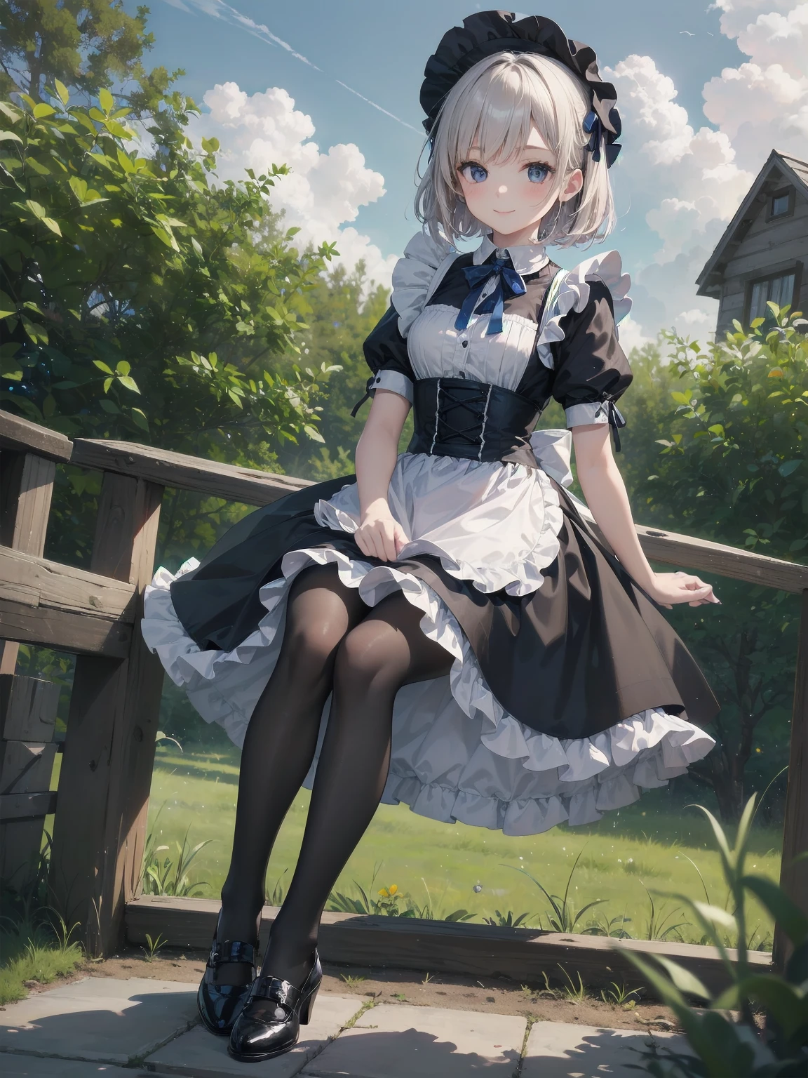 ((Very fine, Very fine CG Unity 8k Wallpaper, High Resolution, Absurd, Beautiful fine details, Very fine hair)), ((Masterpiece)), Outdoors, Sky, Clouds, Grass, ((Beautiful fine details)), Fashionable, One Girl, A  smiling under the stars, a toddler wearing a maid hat with ruby accessories, she is wearing a white and black gothic maid dress with navy blue ribbon. Black stockings, black shoes, cute, super cute toddler maid
