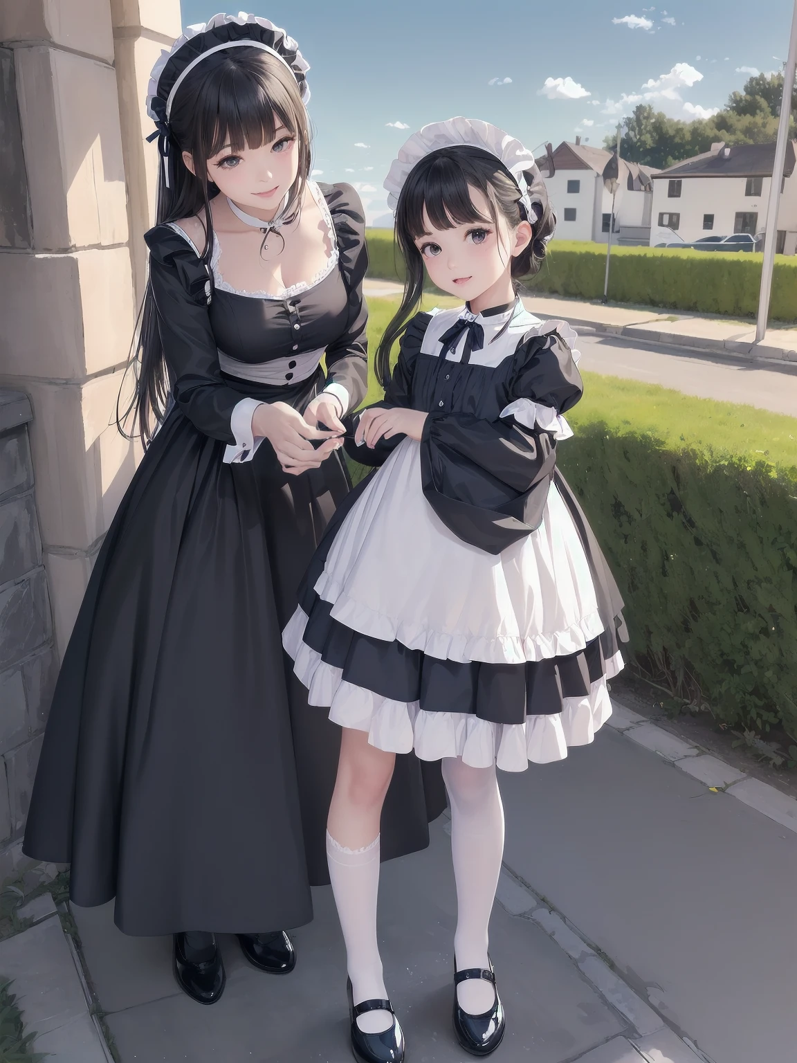 ((Very fine, Very fine CG Unity 8k Wallpaper, High Resolution, Absurd, Beautiful fine details, Very fine hair)), ((Masterpiece)), Outdoors, Sky, Clouds, Grass, ((Beautiful fine details)), Fashionable, One Girl, A smiling under the stars, a toddler wearing a maid hat with ruby accessories, she is wearing a white and black gothic maid dress with navy blue ribbon. Black stockings, black shoes, cute, super cute toddler maid