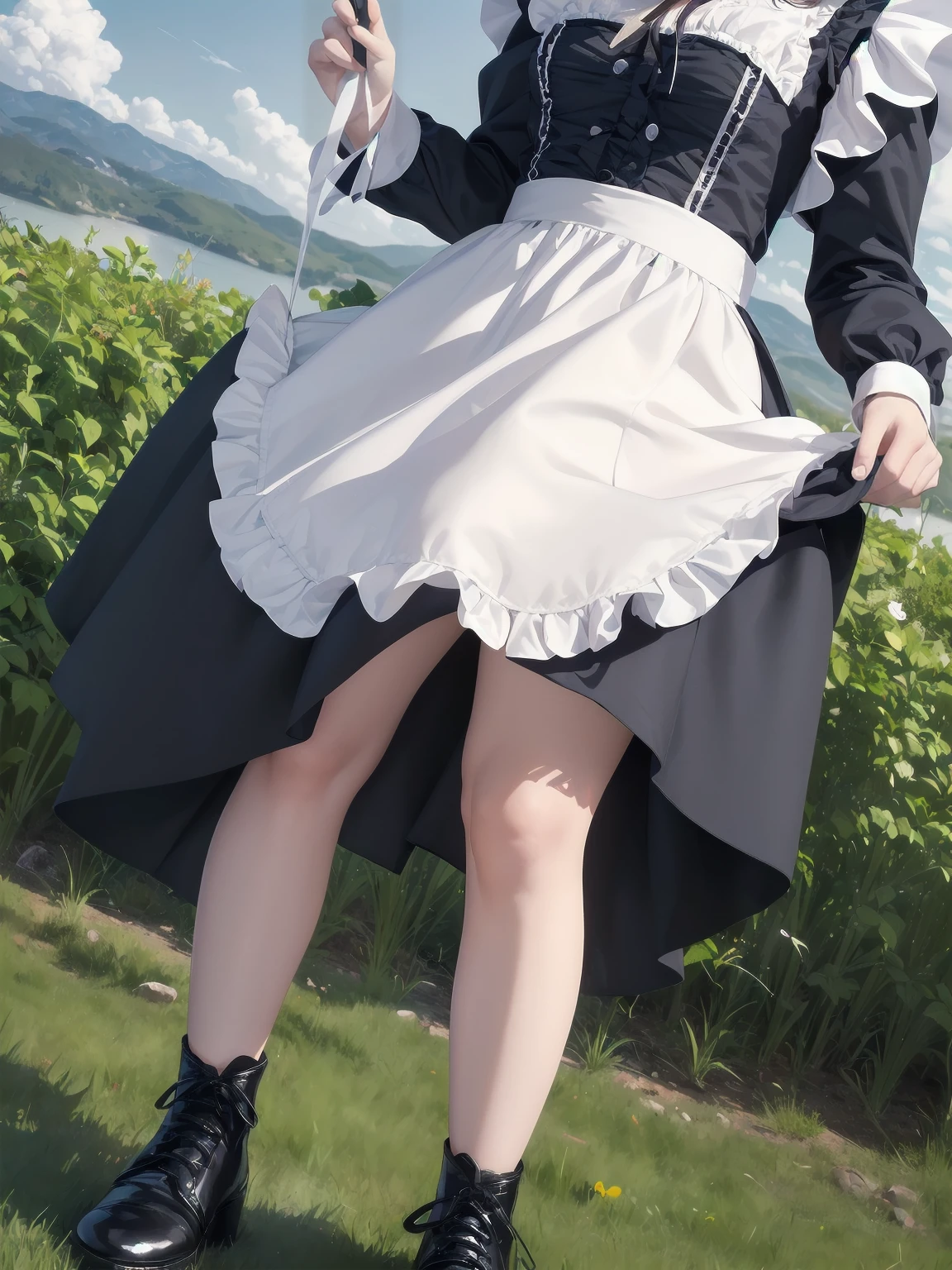 ((Very fine, Very fine CG Unity 8k Wallpaper, High Resolution, Absurd, Beautiful fine details, Very fine hair)), ((Masterpiece)), Outdoors, Sky, Clouds, Grass, ((Beautiful fine details)), Fashionable, One Girl, A  smiling under the stars, a toddler wearing a maid hat with ruby accessories, she is wearing a white and black gothic maid dress with navy blue ribbon. Black stockings, black shoes, cute, super cute toddler maid