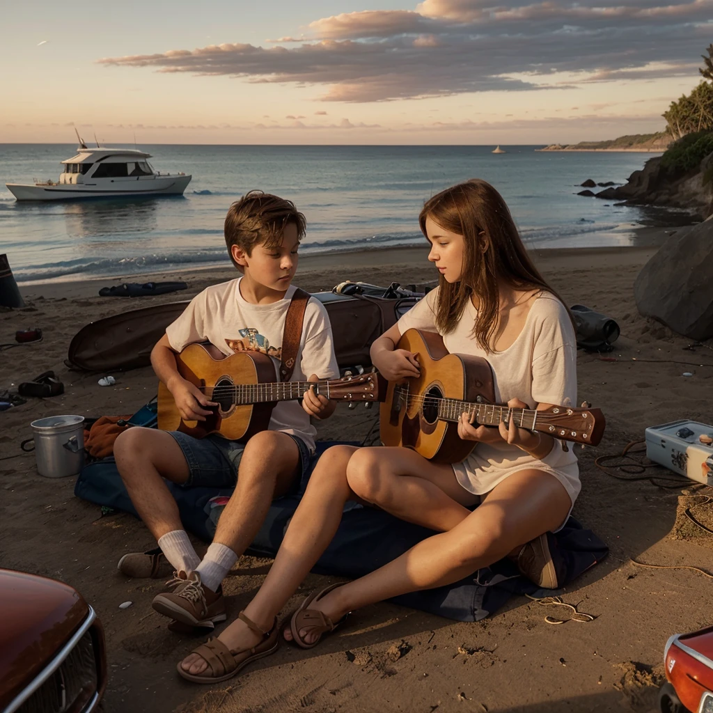 i want to get an art frame made where a boy and girl are sitting by the sea the boy is playing a guitar, and there is a red sunset a brown cat is sitting next to the girl, who is painting there is also a car in the background, and they are sitting by a fire