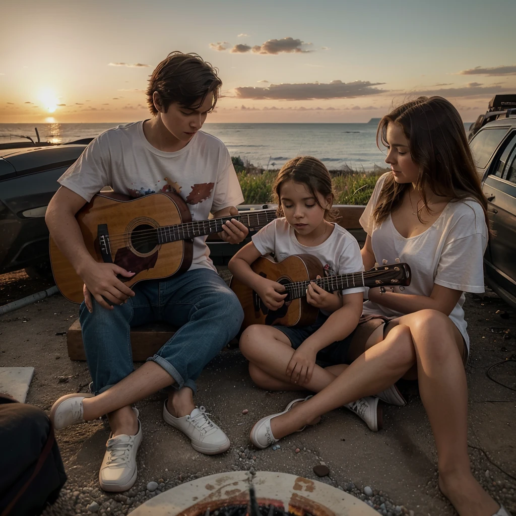 i want to get an art frame made where a boy and girl are sitting by the sea the boy is playing a guitar, and there is a red sunset a brown cat is sitting next to the girl, who is painting there is also a car in the background, and they are sitting by a fire