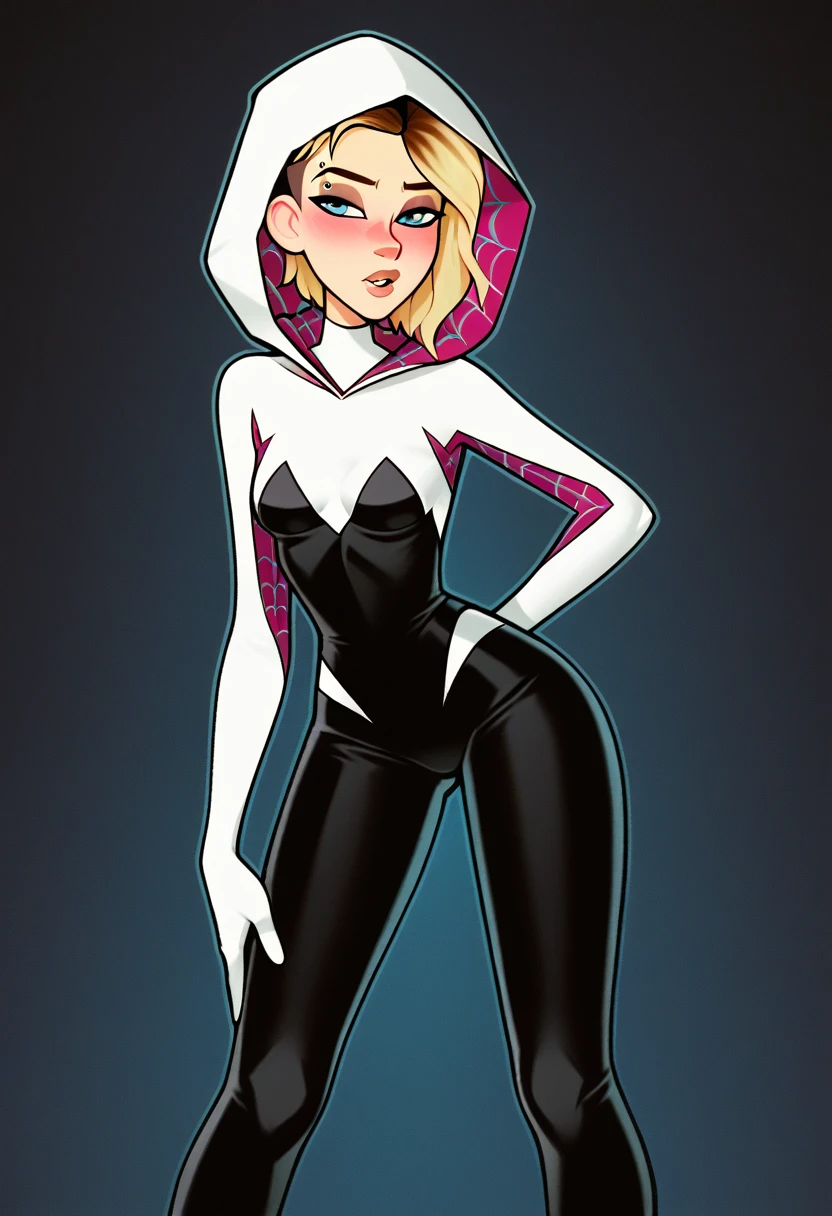 score_9, score_8_up, score_7_up, score_6_up, score_5_up, score_4_up,
BREAK
1girl, gwen stacy, light blue eyes, shaved head, blonde hair, short hair, asymmetrical hair, black eyeliner, , smugm, eyebrow piercing, White hood without straps, half-closed eyes, blush, adult,
BREAK
solo, standing, leaning forward, arched back, small breasts, , spider-gwen, black leggings, skinny,
BREAK
black background, 