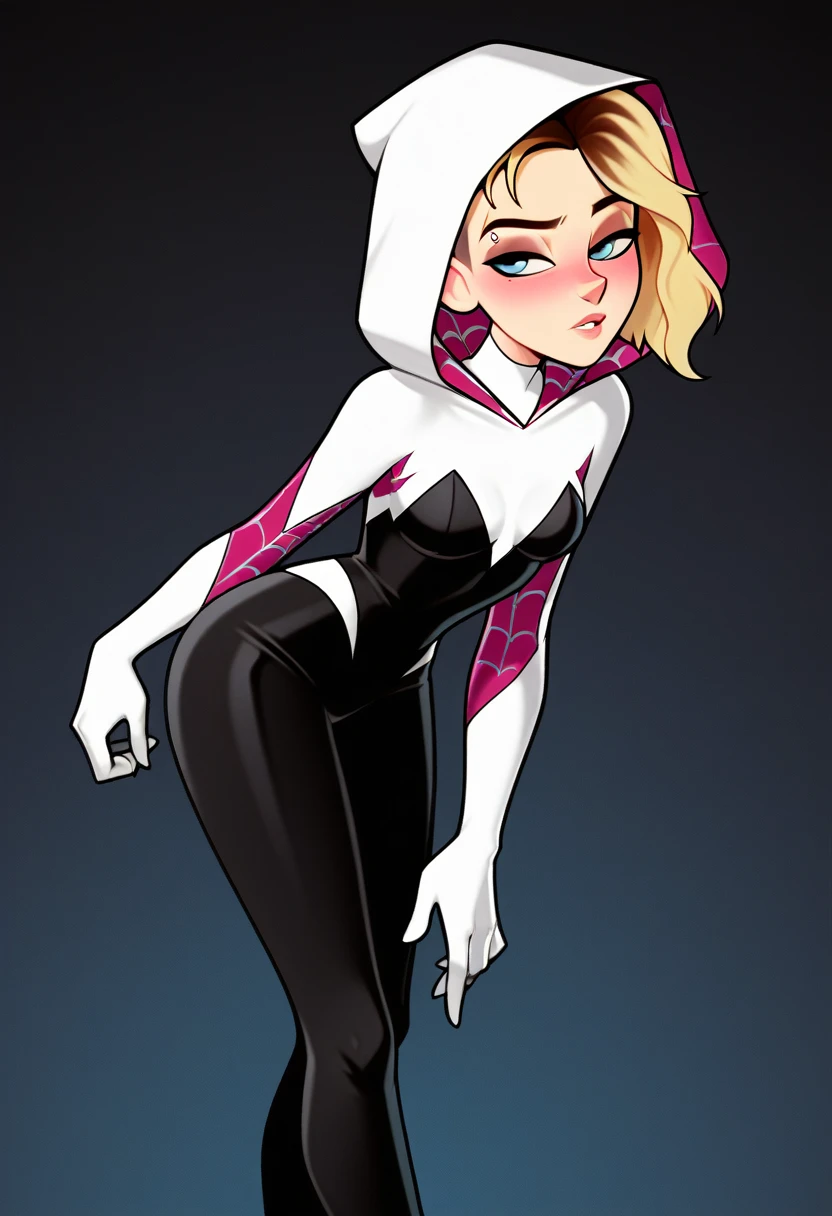 score_9, score_8_up, score_7_up, score_6_up, score_5_up, score_4_up,
BREAK
1girl, gwen stacy, light blue eyes, shaved head, blonde hair, short hair, asymmetrical hair, black eyeliner, , smugm, eyebrow piercing, White hood without straps, half-closed eyes, blush, adult,
BREAK
solo, standing, leaning forward, arched back, small breasts, bodysuit, spider-gwen, black leggings, skinny,
BREAK
black background, 