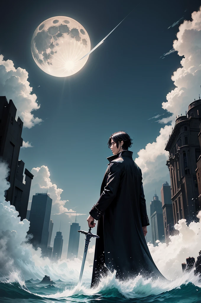 Black hair character,black overcoat,raising the sword to the sky,Stand on the water,big moon in the background