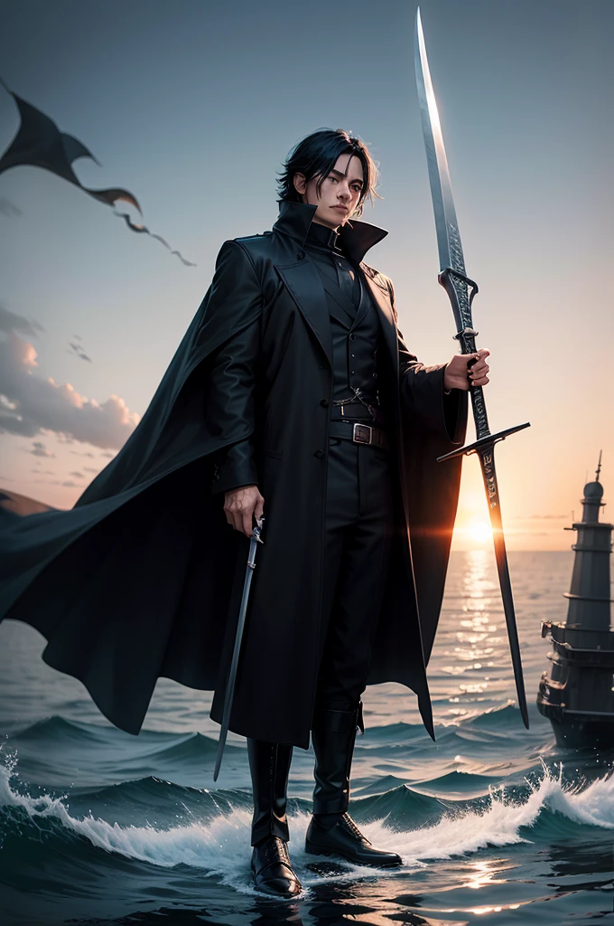 Black hair character,black overcoat,raising the sword to the sky,Stand on the water,big moon in the background